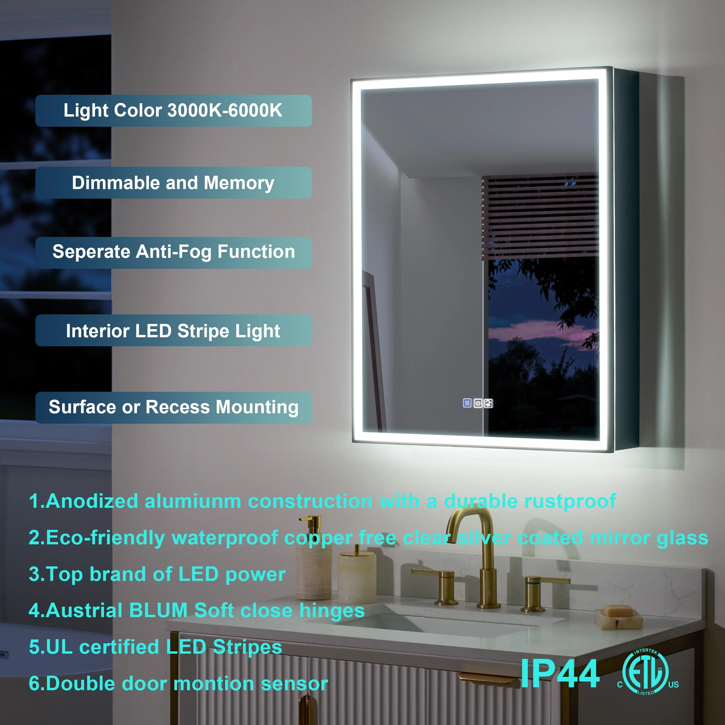 30'' H Recessed Or Surface Wall Mounted LED Mirror Cabinet With Mirror And Adjustable Shelves,Black Frame