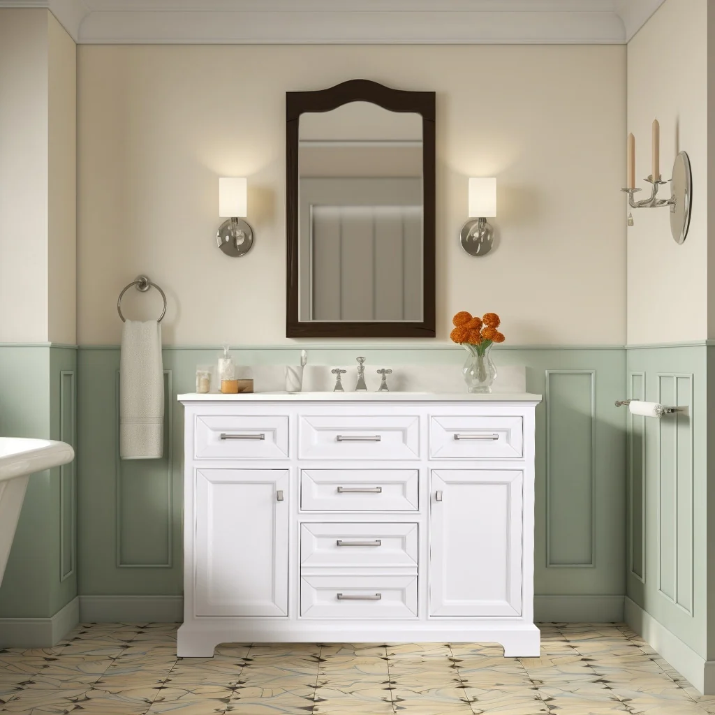 Prismarble Bathroom Vanity 48 in White with Marble Countertop & Backsplash