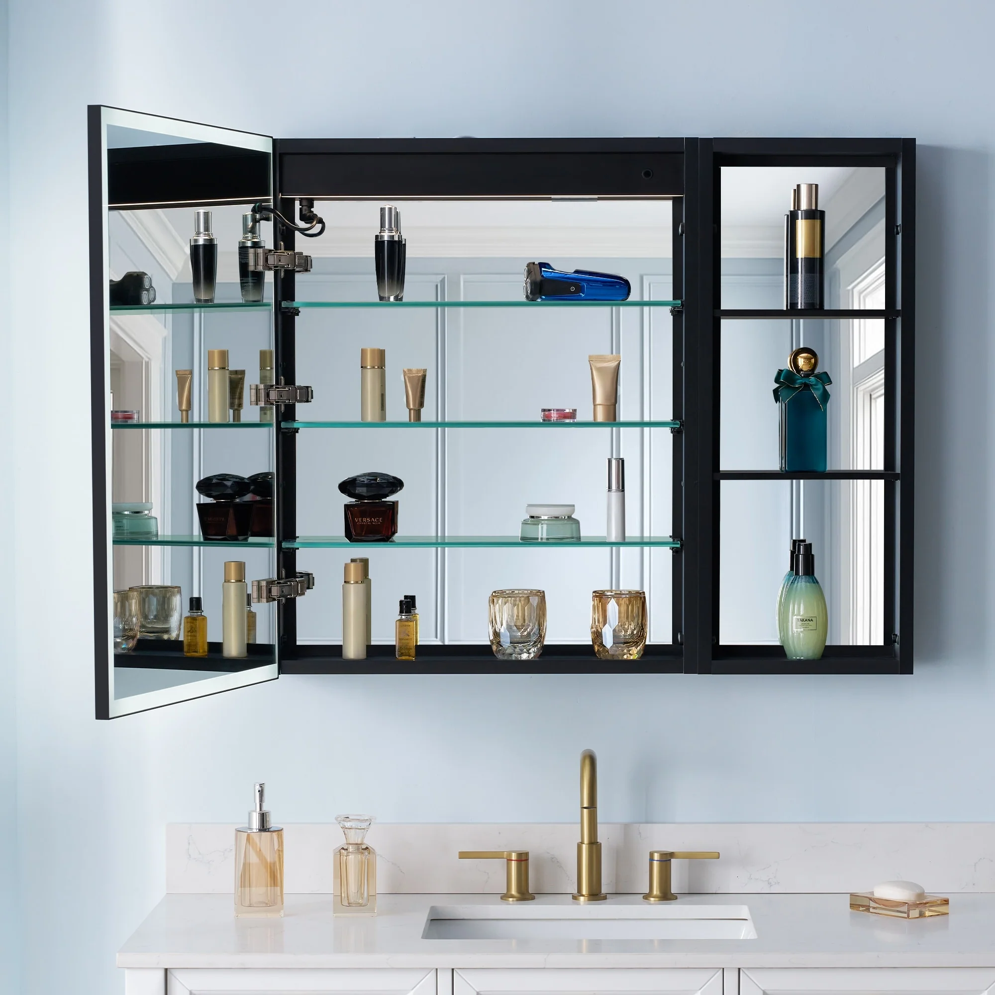 30 in. H Recessed or Surface Wall Mounted LED Mirror Cabinet With Black Side Cabinet