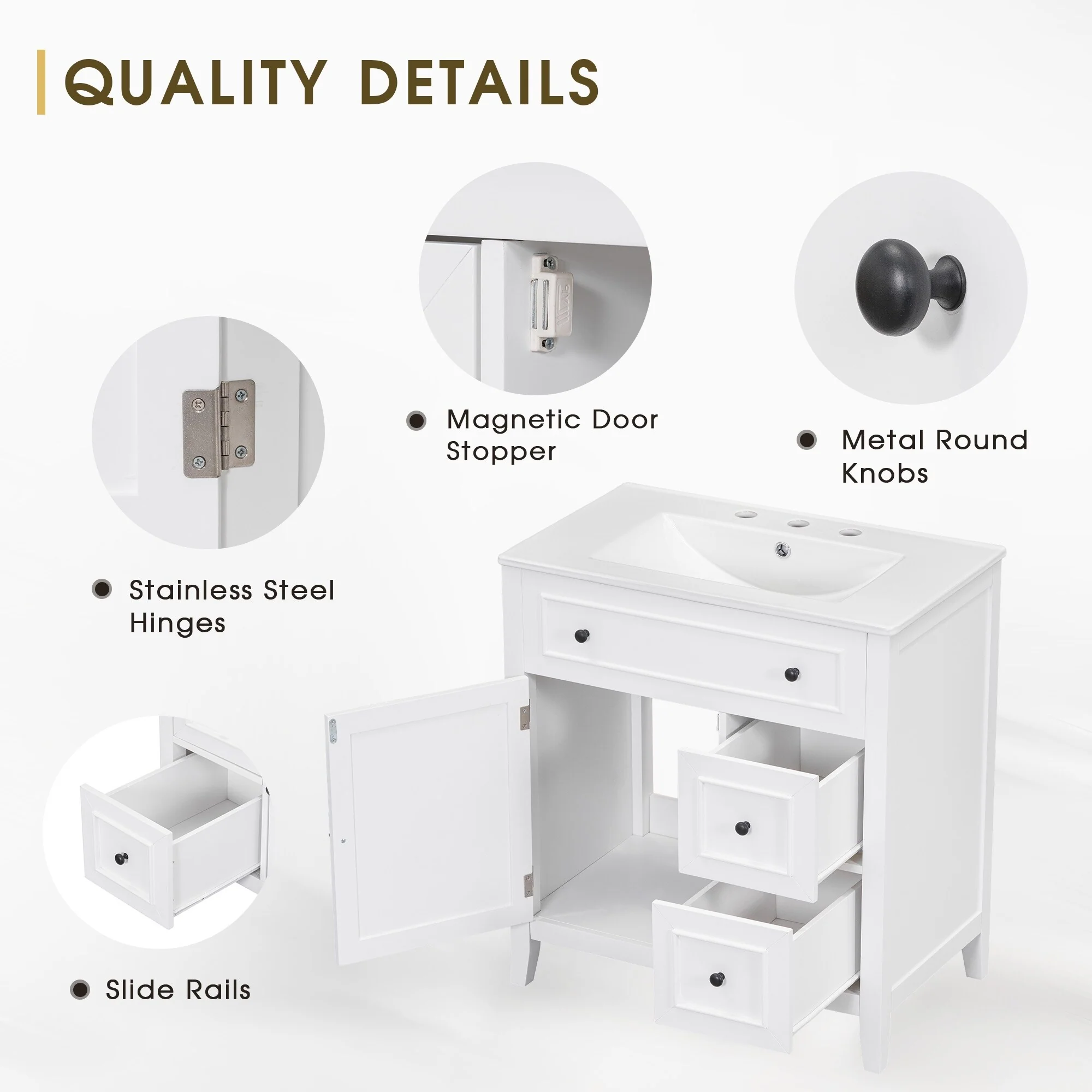 30'' Solid Wood Bathroom Vanity with Cabinet, 2 Drawers, and Ceramic Sink