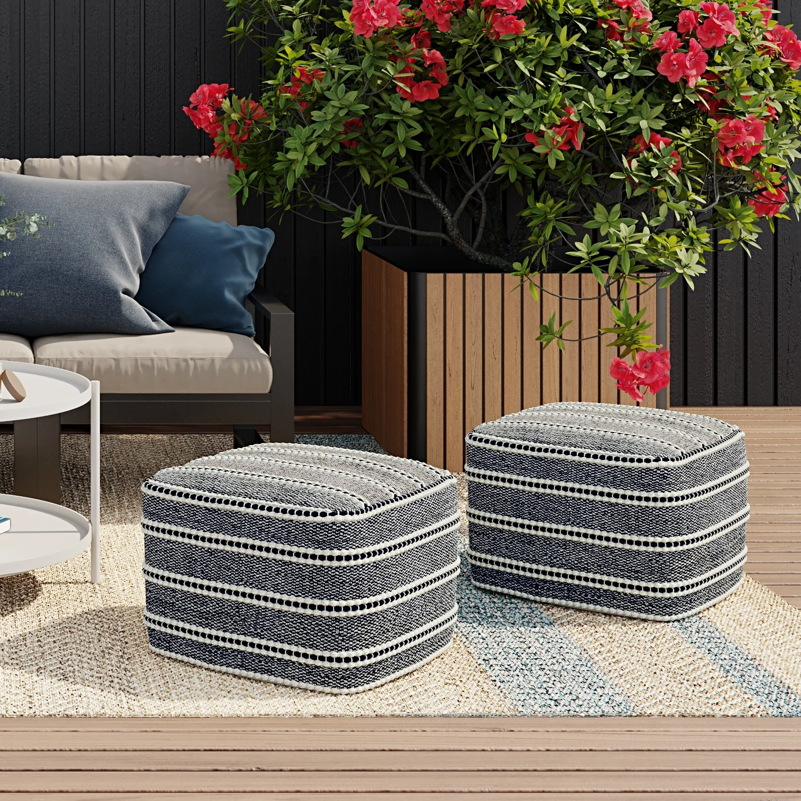 WYNDENHALL Anika Square Woven Pouf in Navy and White Recycled PET Polyester