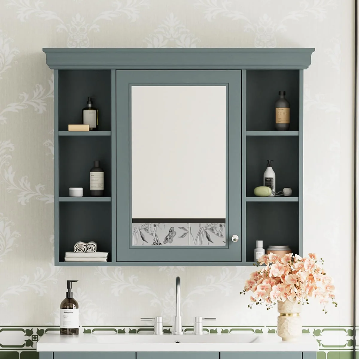 Modern Wall Mounted Bathroom Medicine Cabinet with Mirror Door & 6 Open Shelves