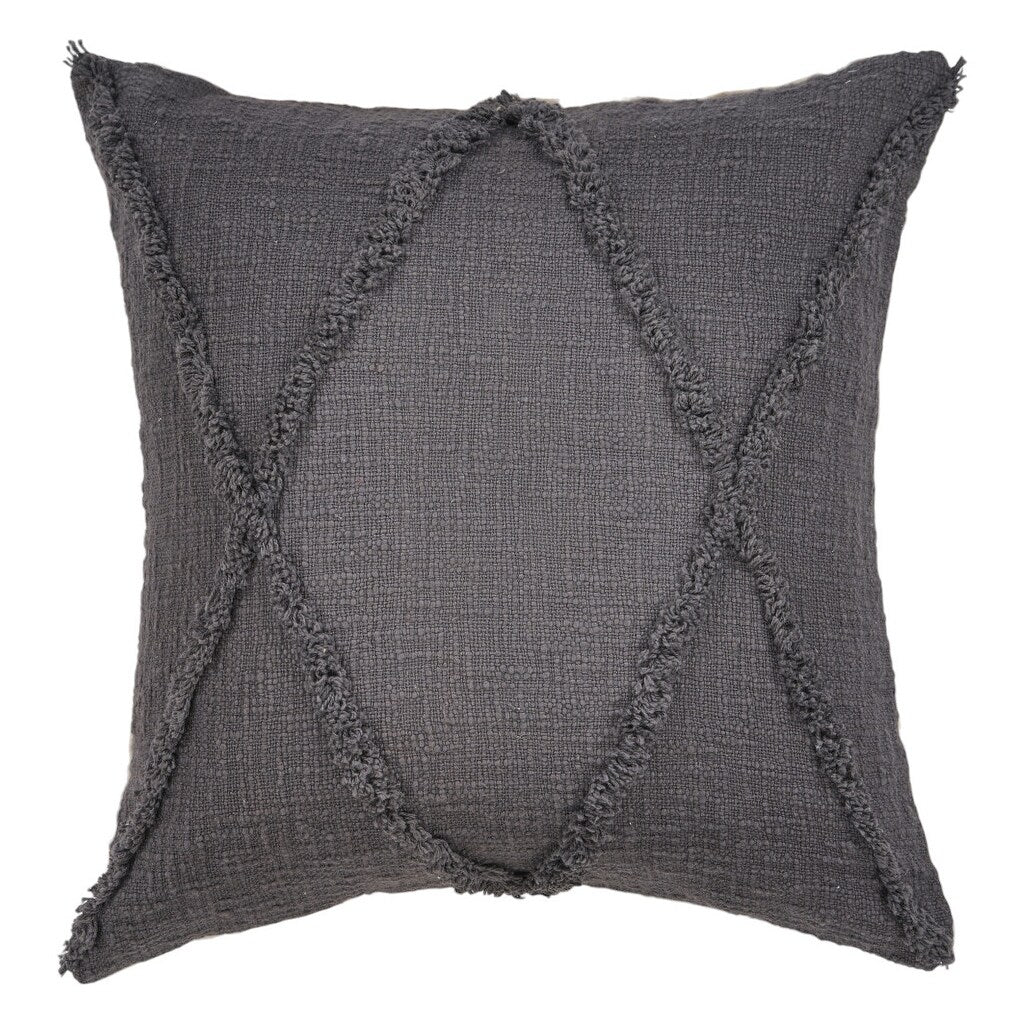 Set of Two Dark Gray Diamond Cotton Throw Pillow With Fringe