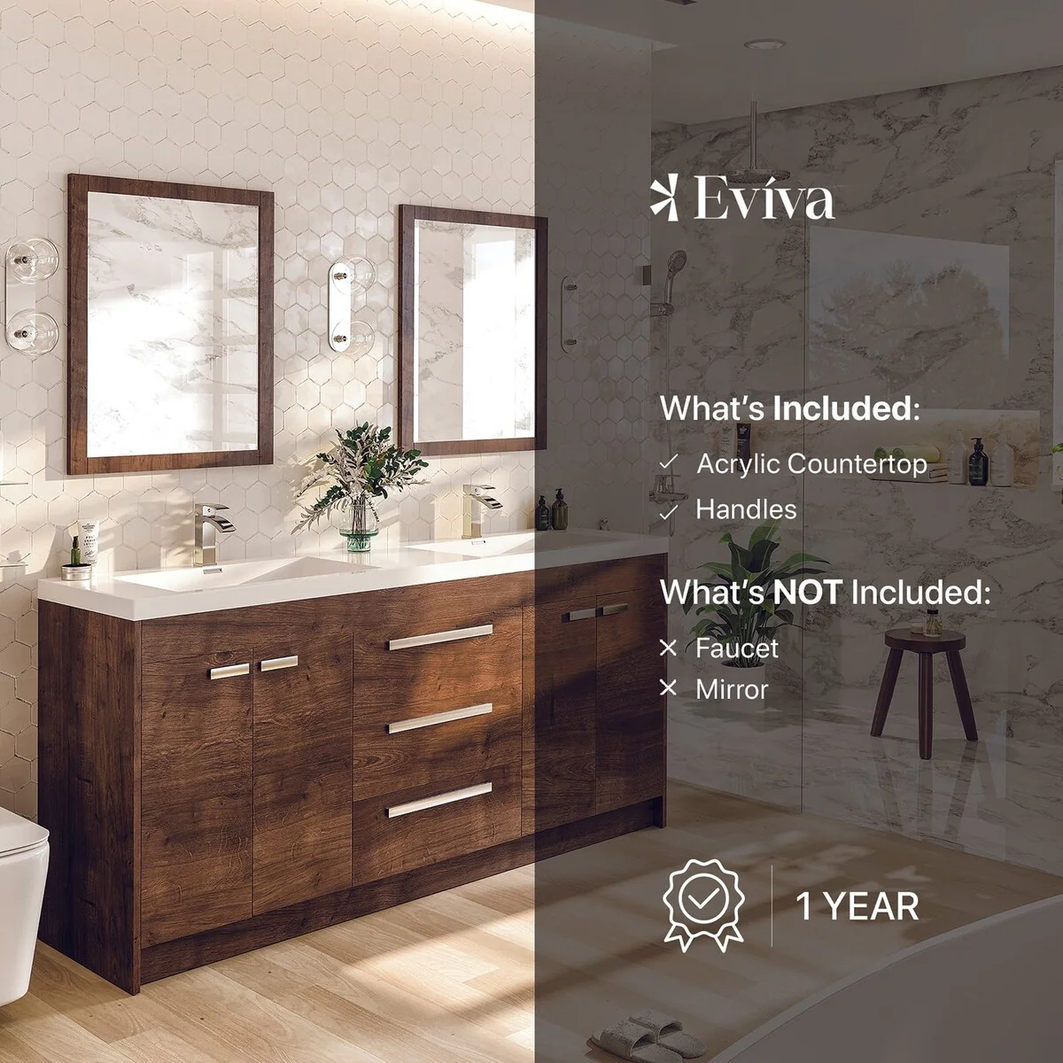 Eviva Lugano 60 inch Rosewood Modern Double Sink Bathroom Vanity with White Integrated Acrylic Top