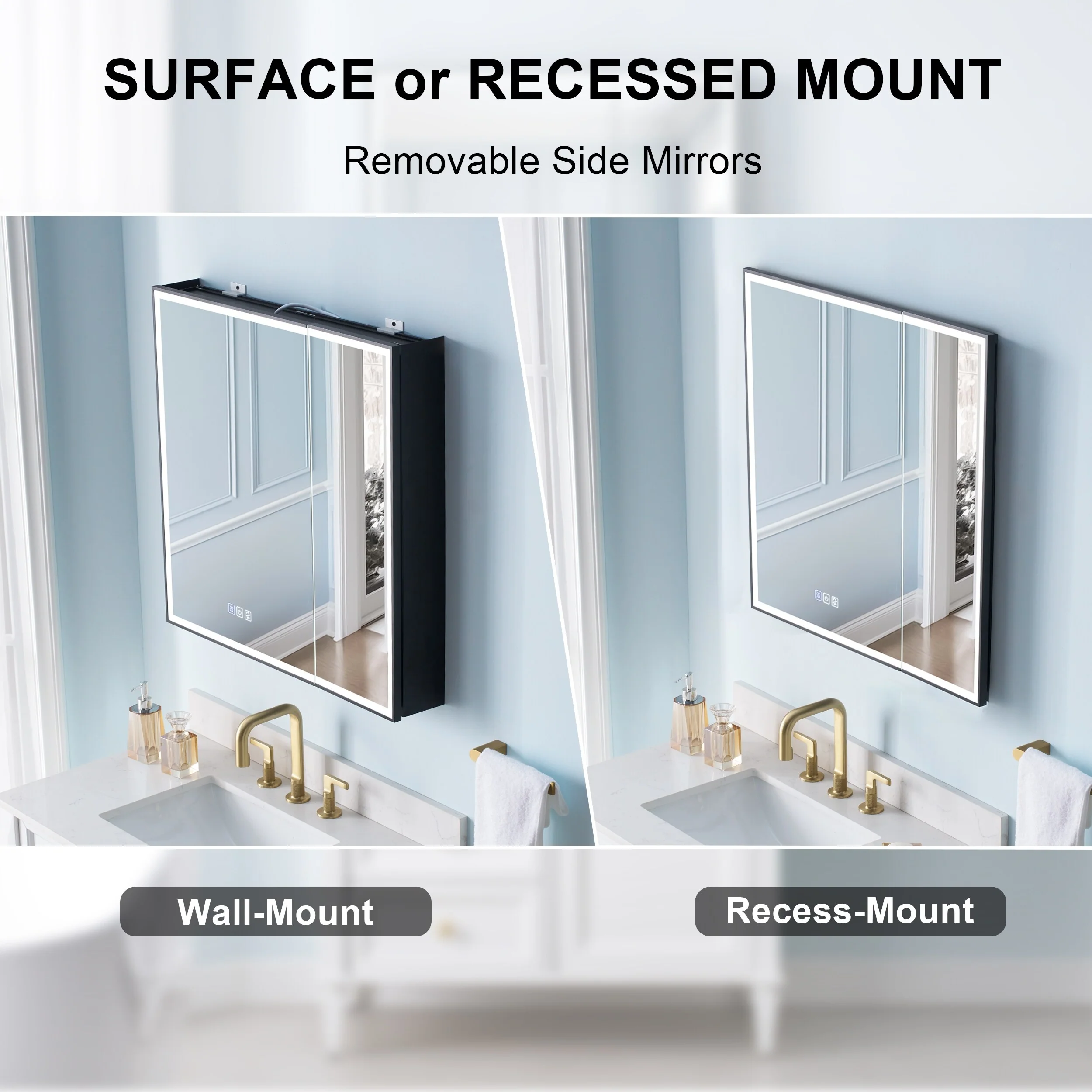30'' H Recessed Or Surface Wall Mounted LED Mirror Cabinet With Mirror And Adjustable Shelves,Black Frame
