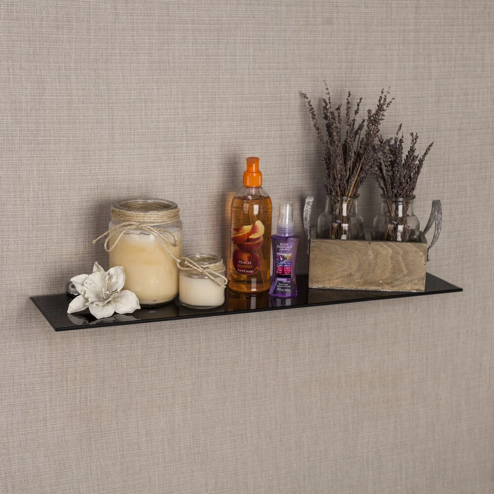Black Smoke Glass Floating Shelf with Chrome Brackets - 24
