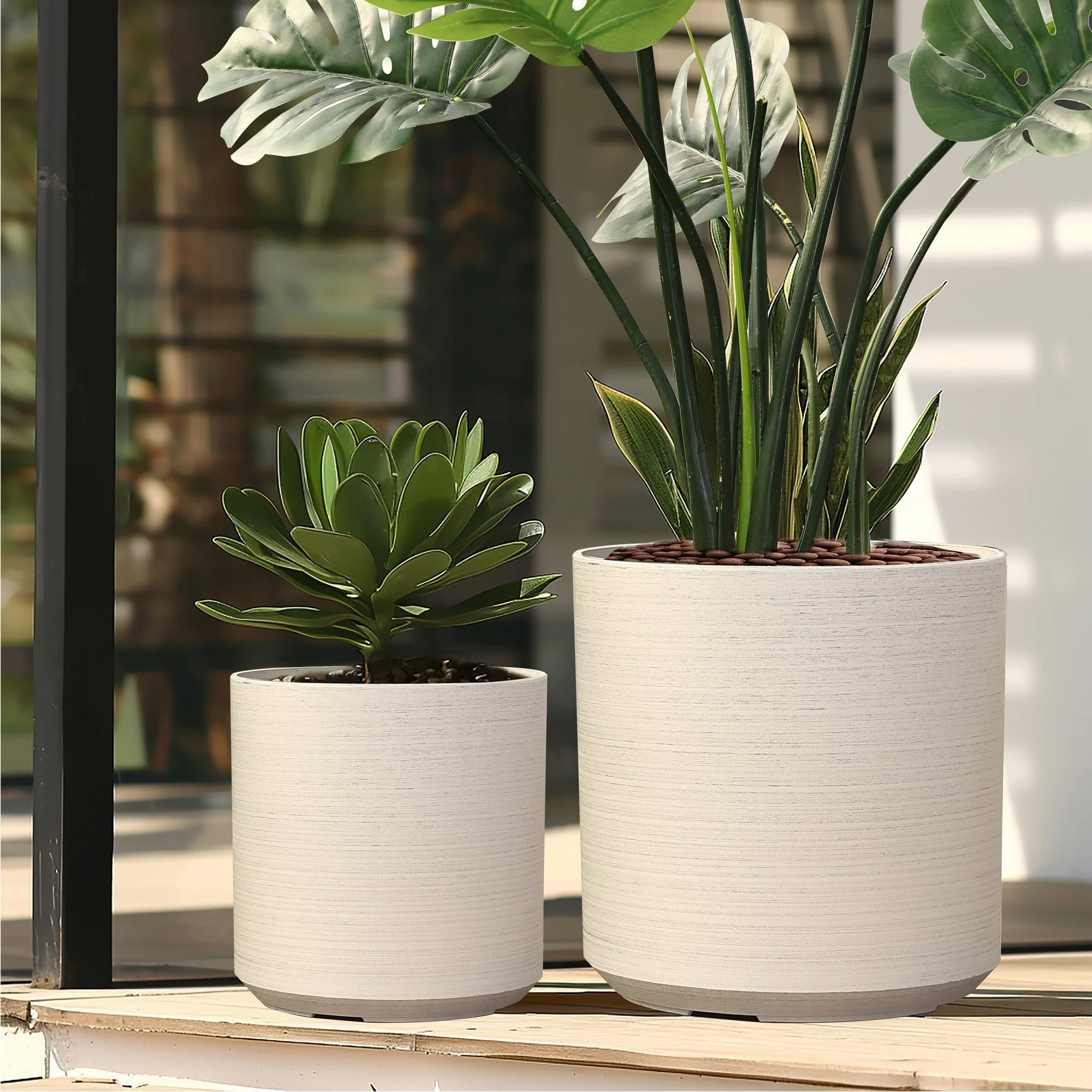 2-Piece HDPE Round Plastic Pot Planters Set, Cortina Cream
