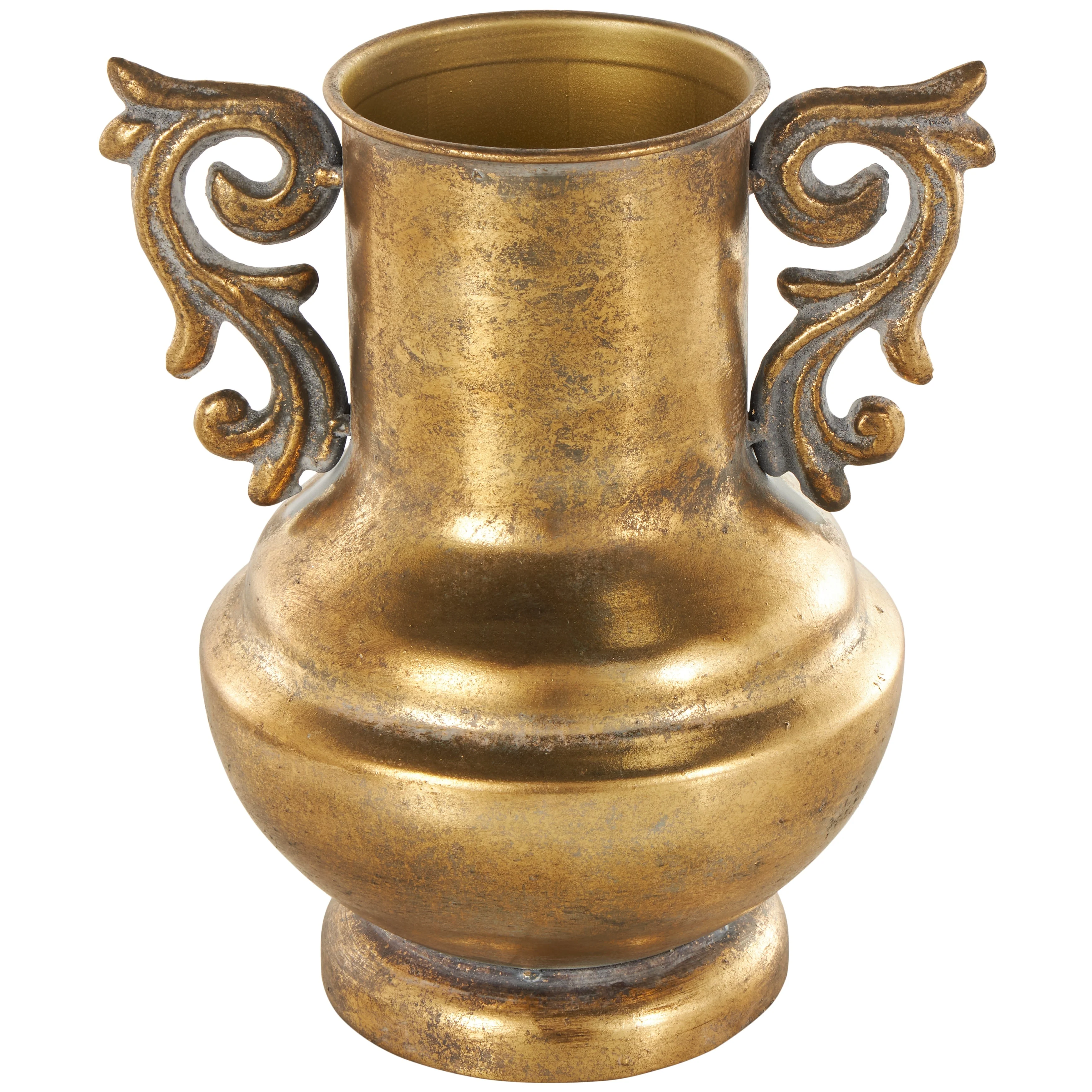 Gold Metal Weathered Vintage Amphora Decorative Vase with Scroll Handles