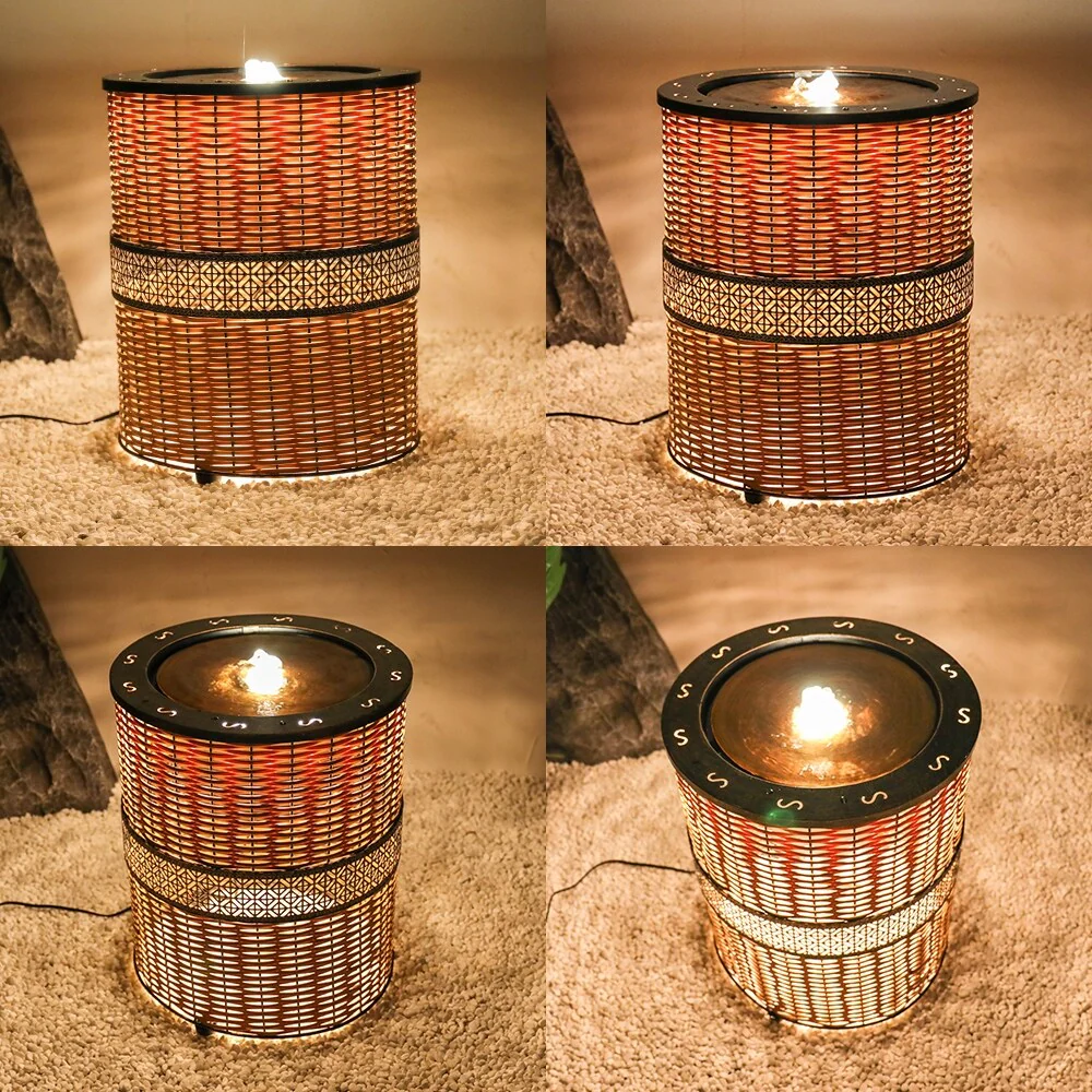 Indoor 16.9in H Round Rattan Water Fountain w/LED Light for Home Decor