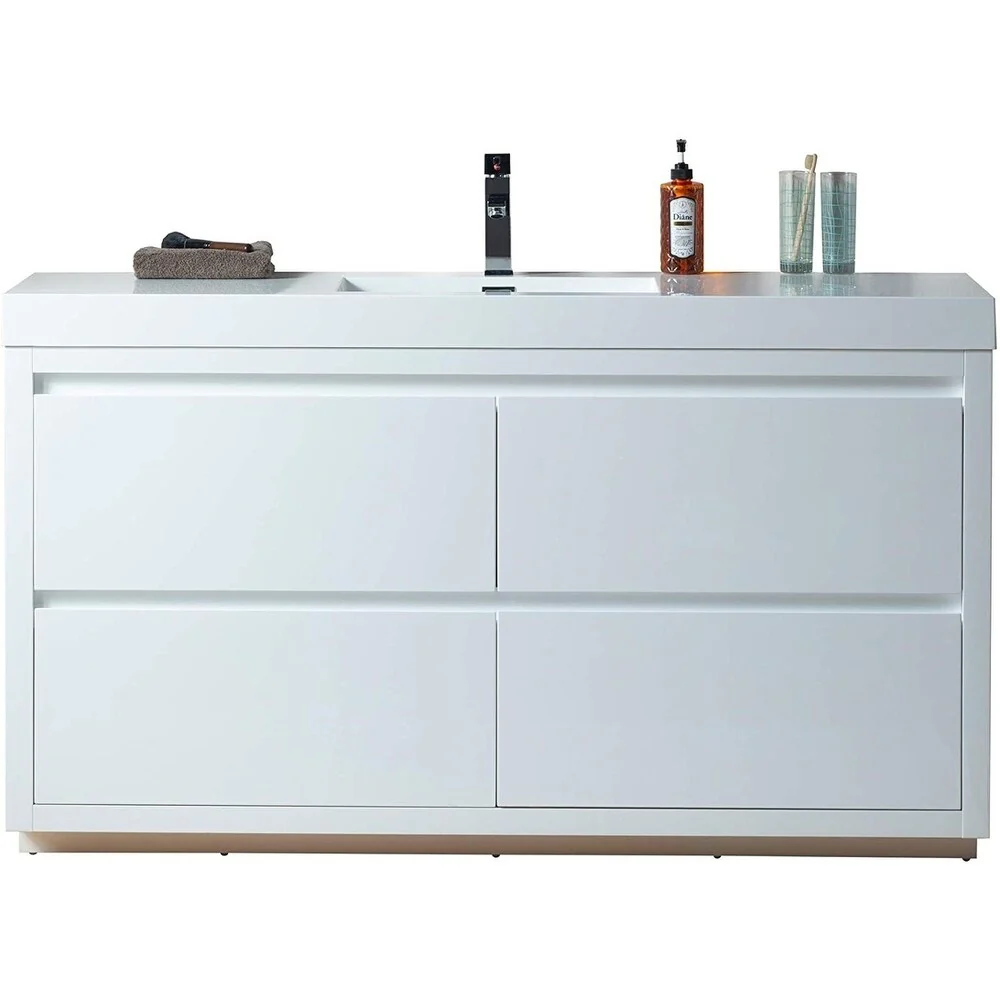 Vanity Art 60-Inch Double Sink Wall Hung Bathroom Vanity Set White Stone Top Glossy Finish with Sensor Switch