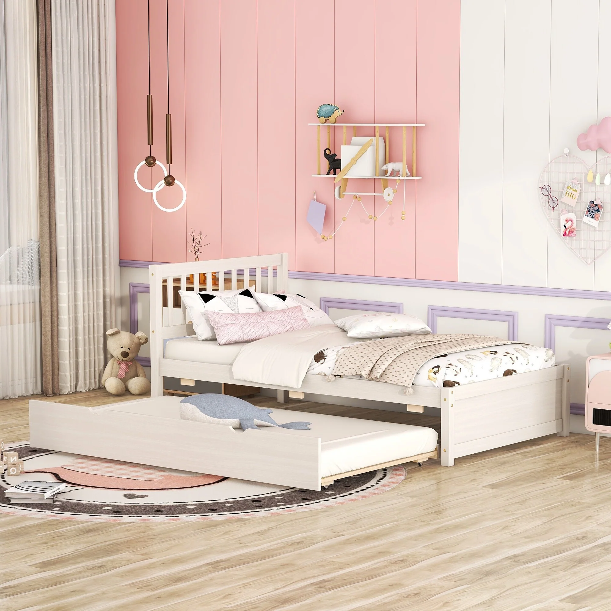 White Walnut Twin Bed with Trundle and Fence Headboard