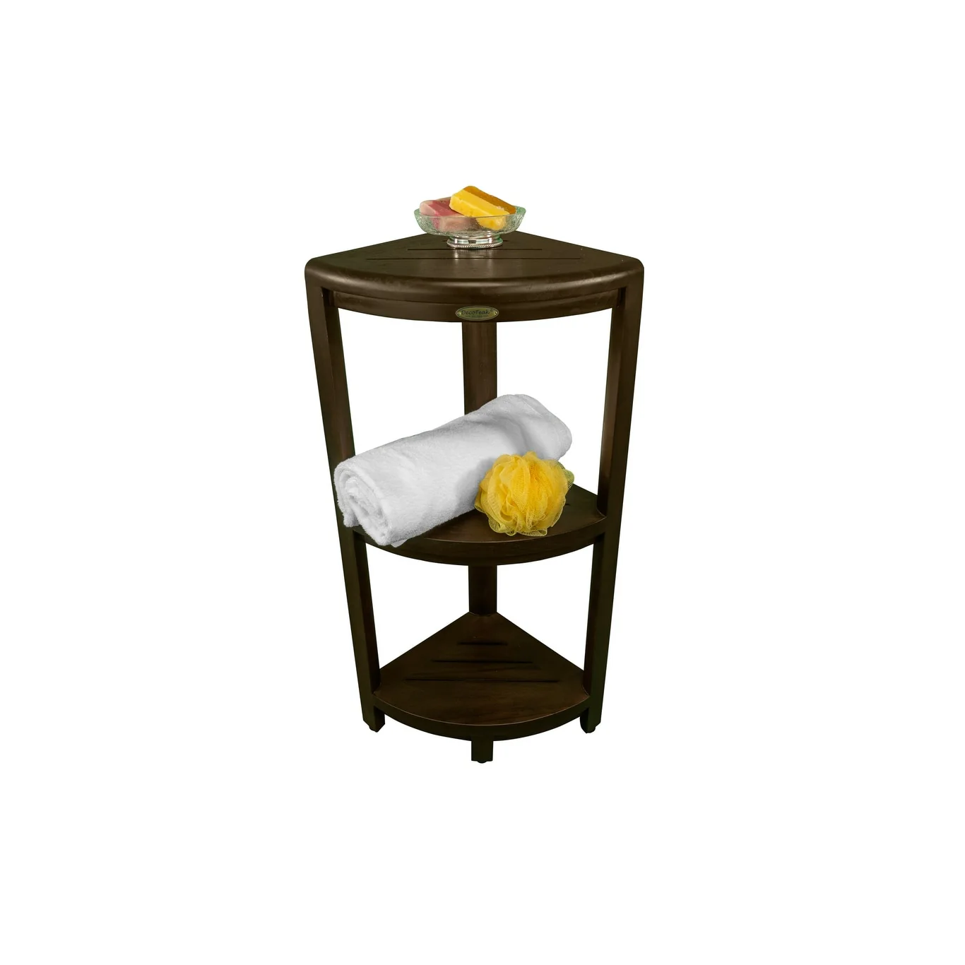 DecoTeak Oasis 3-Tier Solid Teak Corner Shower Shelf in Signature WoodLand Brown Finish