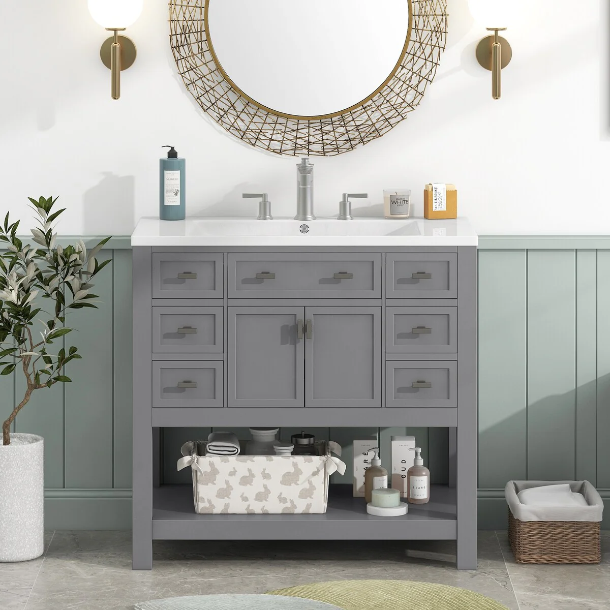 36'' Bathroom Vanity Modern Bathroom Storage Cabinet with 6 Drawers