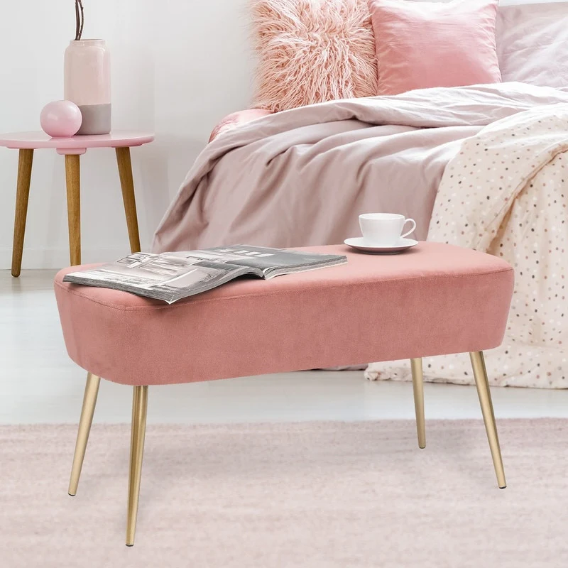 Adeco Velvet Bench Footrest, Bed End Stool Metal Legs, Dressing Chair