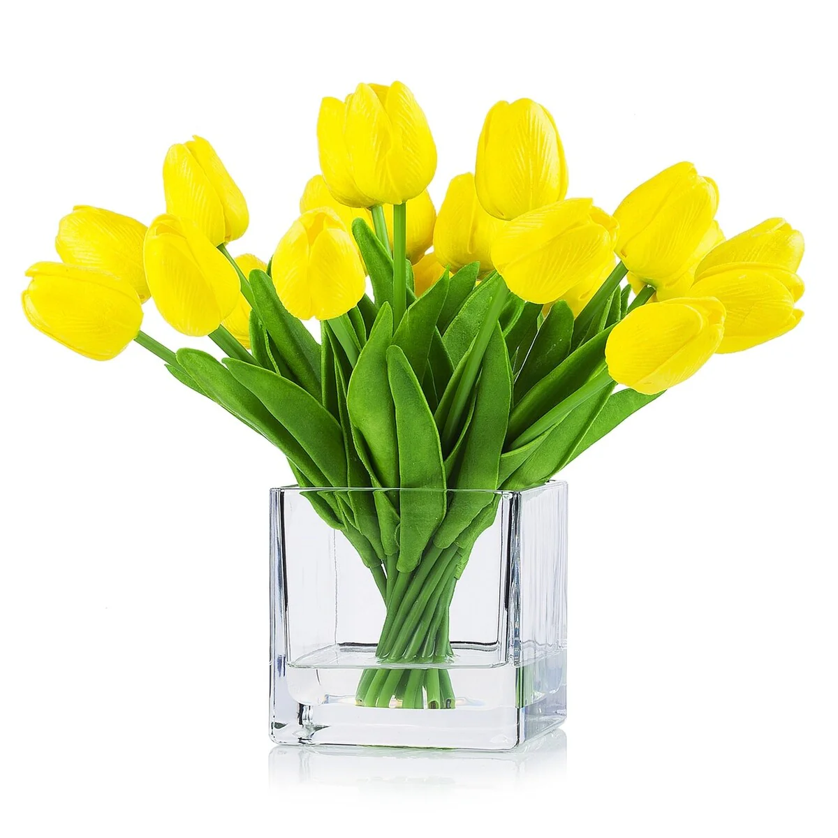 Enova Home 20 Pieces Artificial Real Touch Tulips Fake Silk Flowers Arrangement in Cube Glass Vase with Faux Water