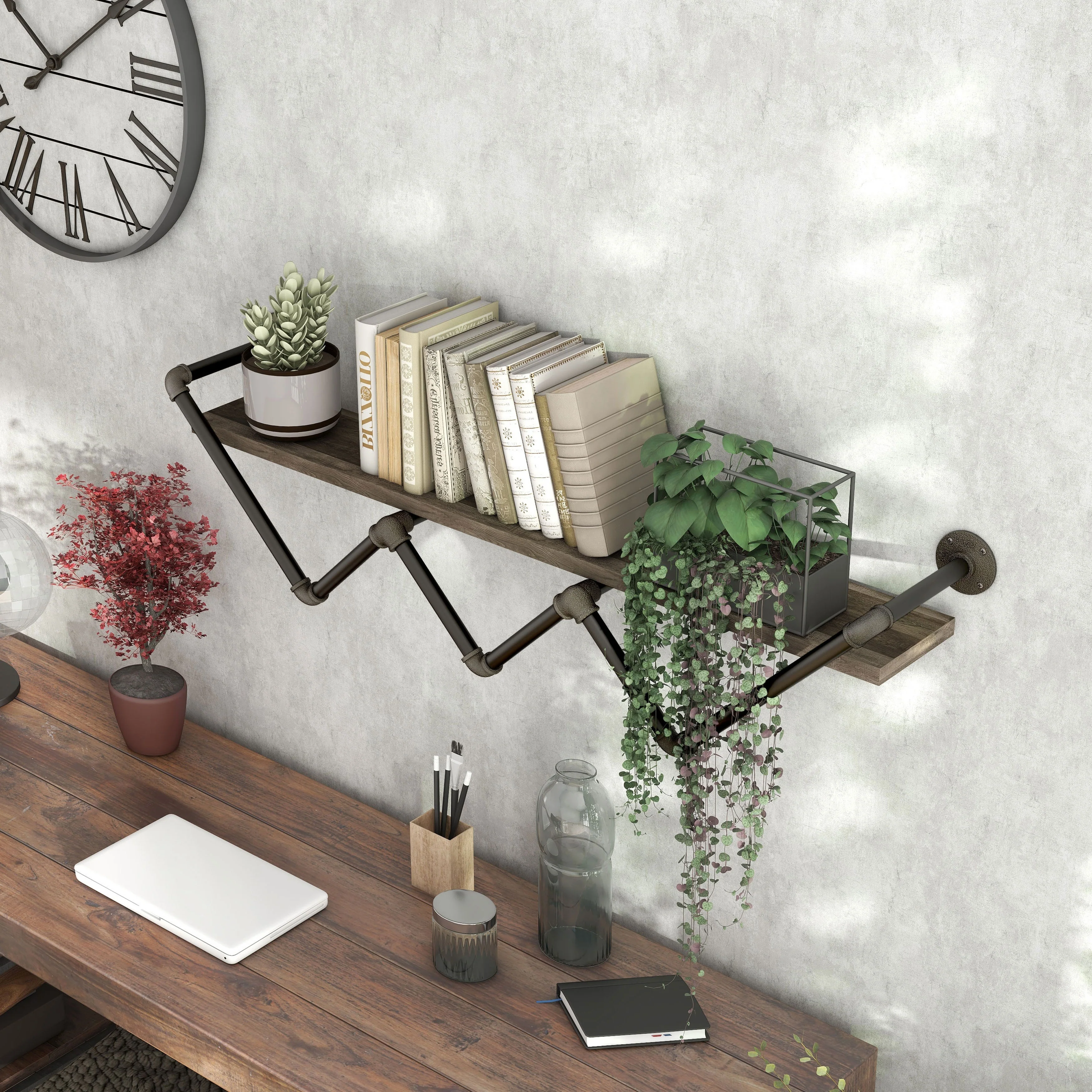 DH BASIC Industrial Reclaimed Oak 50-Inch Metal 1-Tier Wall Shelf by Denhour