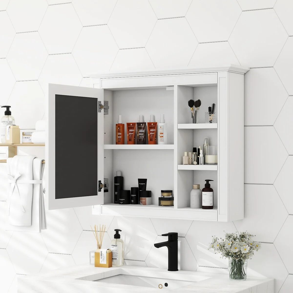 30'' x 28'' Wall Mounted Bathroom Storage Cabinet, Modern Bathroom Wall Cabinet with Mirror,Mirror Cabinet with 3 Open Shelves