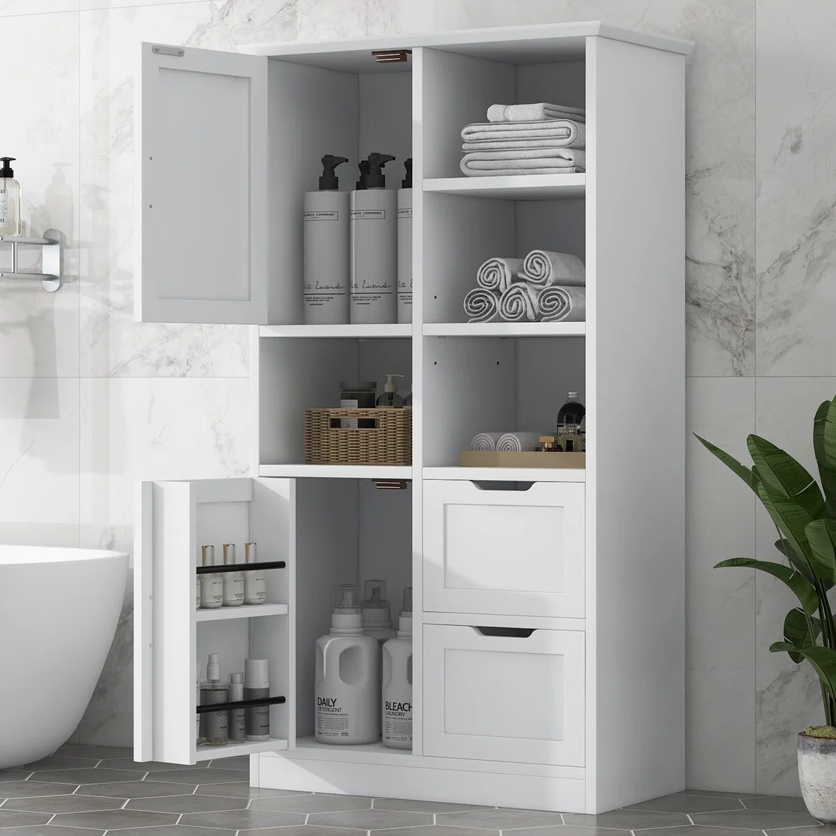 Bathroom Storage Cabinet with Doors and Drawers, Open Shelve, Adjustable Shelf