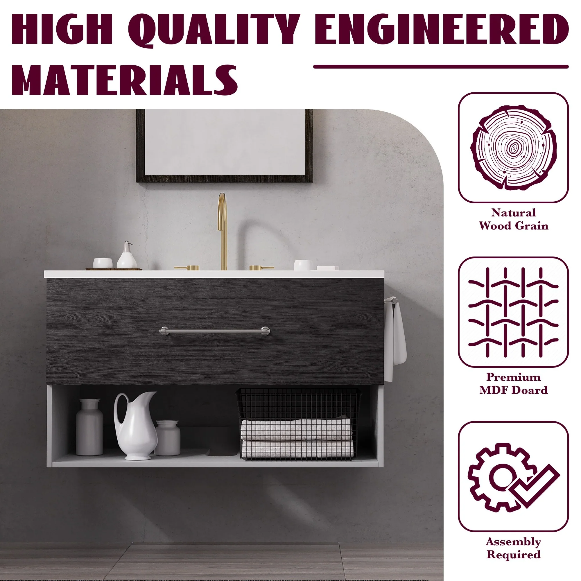 36-Inch Minimalist MDF Bathroom Vanity with Sink – Sleek and Simple Design for Modern Spaces