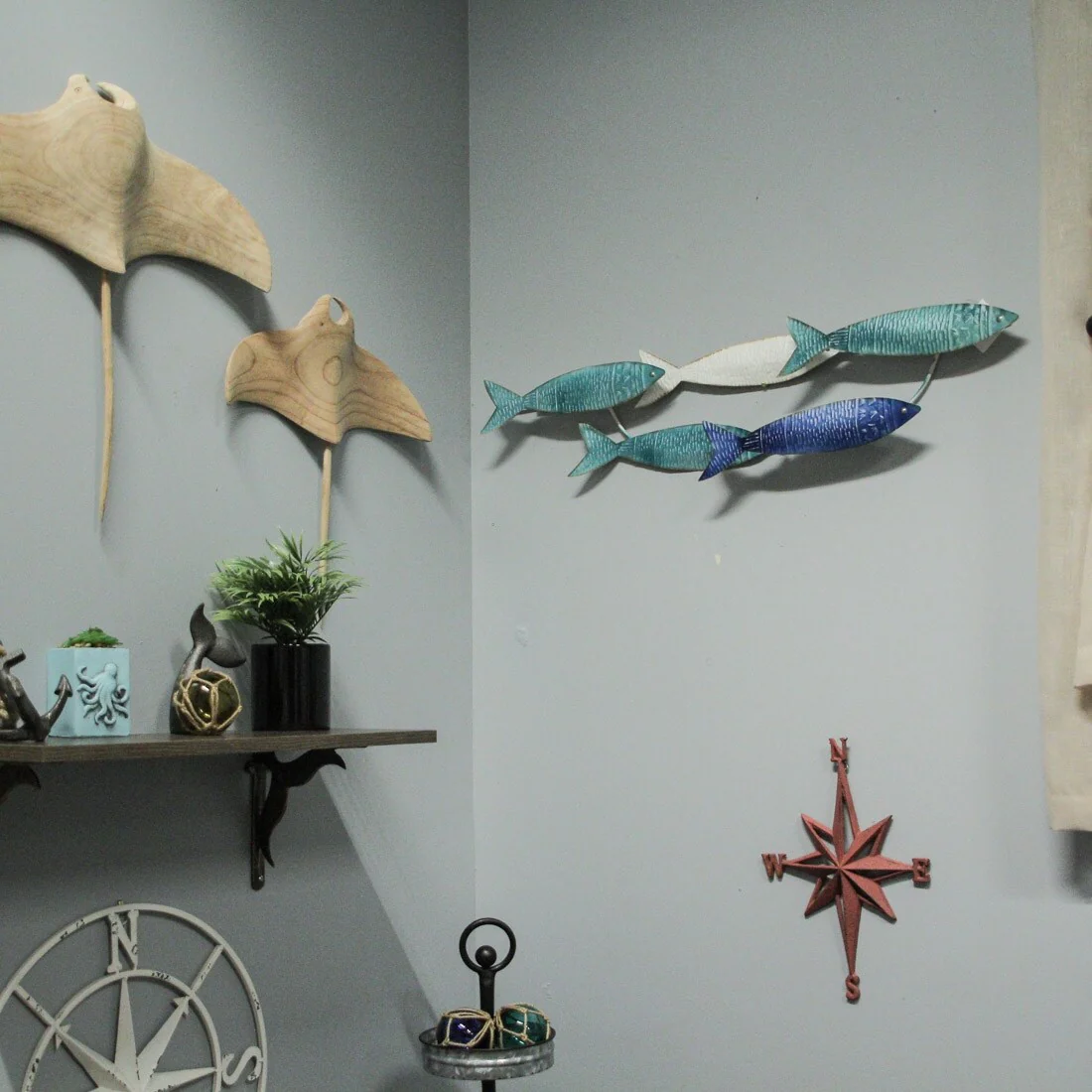 Zeckos 34 Inch Blue Metal School Of Fish Wall Sculpture Nautical Beach