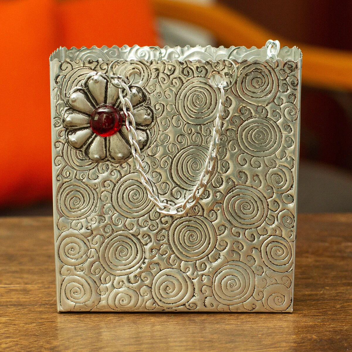 Novica Handmade Metallic Flower In Red Aluminum Engraved Decorative Bag