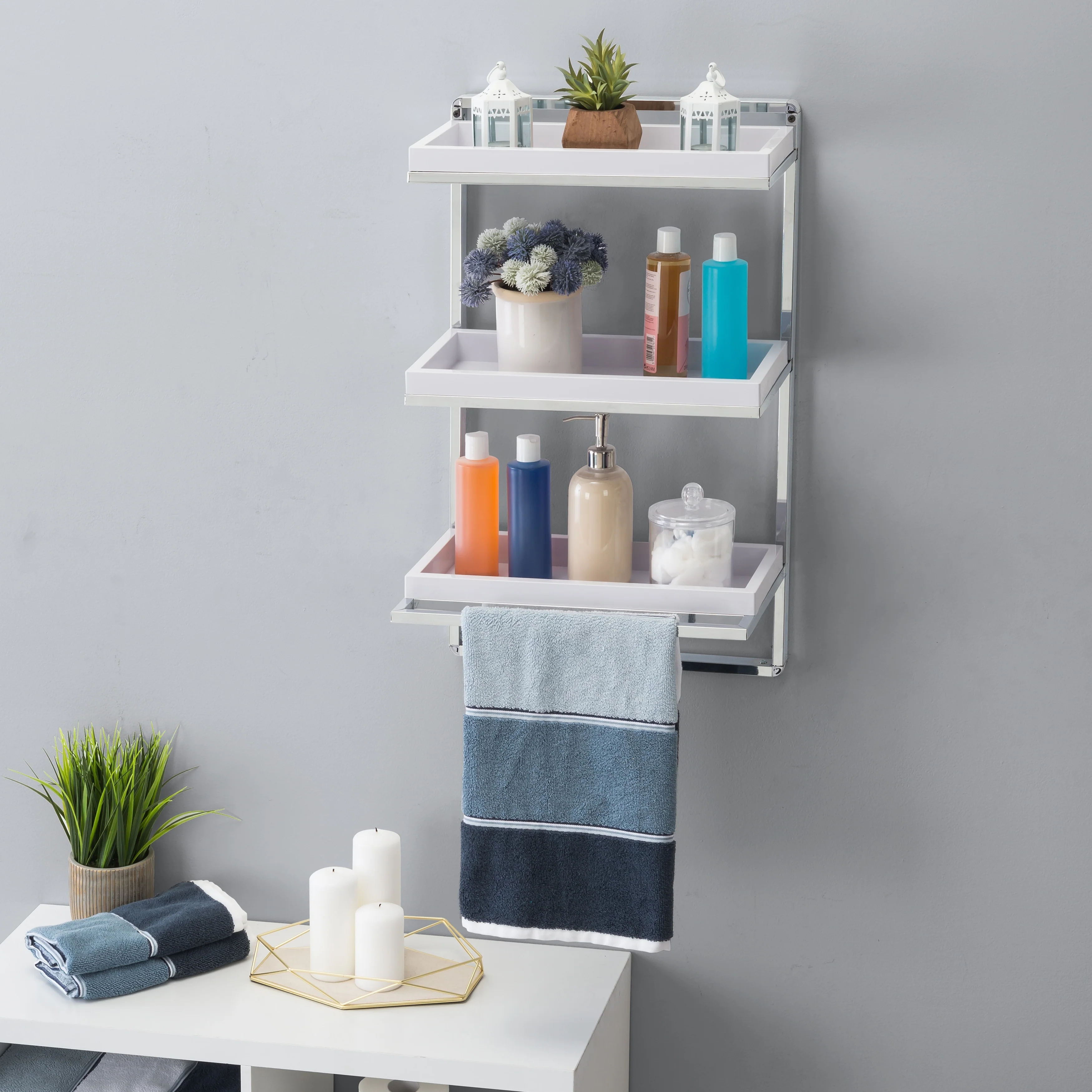 Wall Mount 3-Tier White and Chrome Bathroom Shelf with Towel Bar