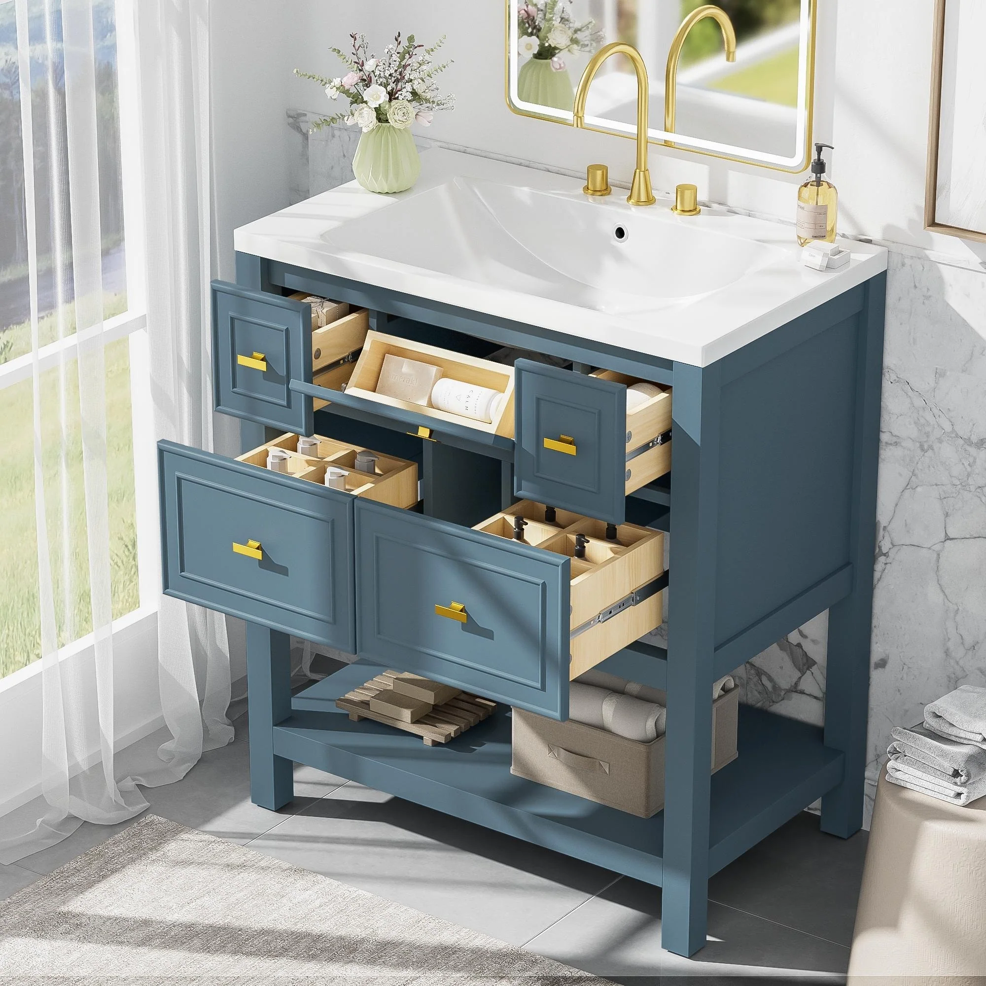Free Standing Single Bathroom Vanity with 5 Drawers Bathroom Storage Cabinet