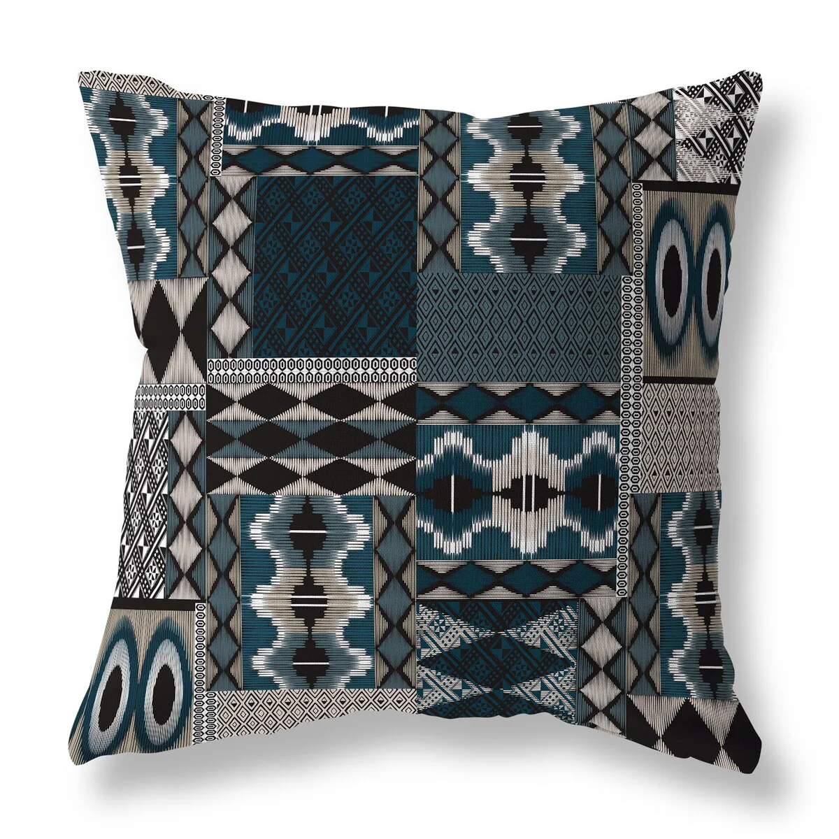 Beige And Charcoal Patched Perfection Indoor/Outdoor Throw Pillow Zipper