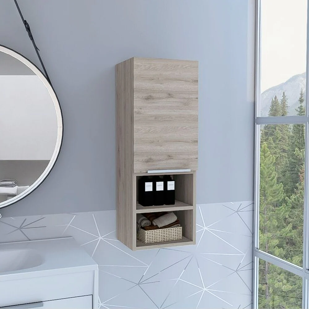 Modern Wood Medicine Cabinet, Compact Bathroom Medicine Cabinet with 1 Door and Open Shelves, 32.08 