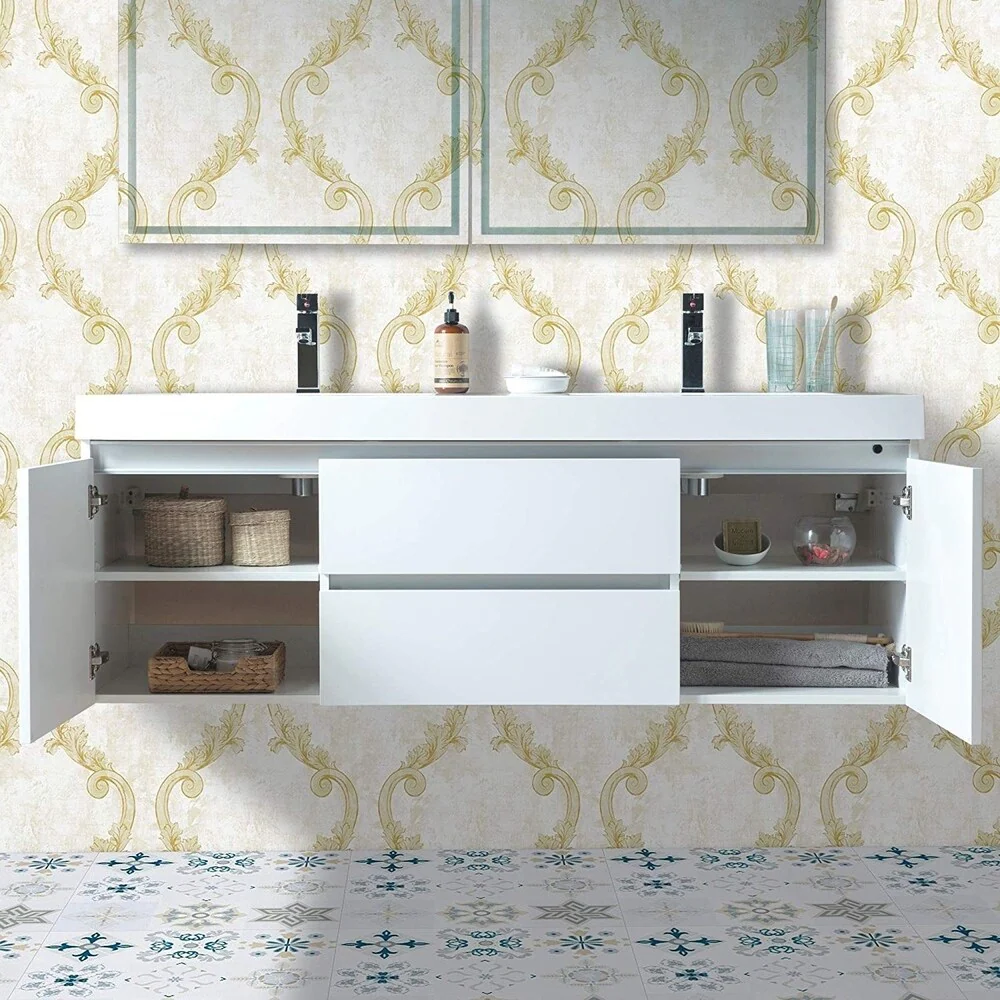 Vanity Art 60-Inch Double Sink Wall Hung Bathroom Vanity Set White Stone Top Glossy Finish with Sensor Switch
