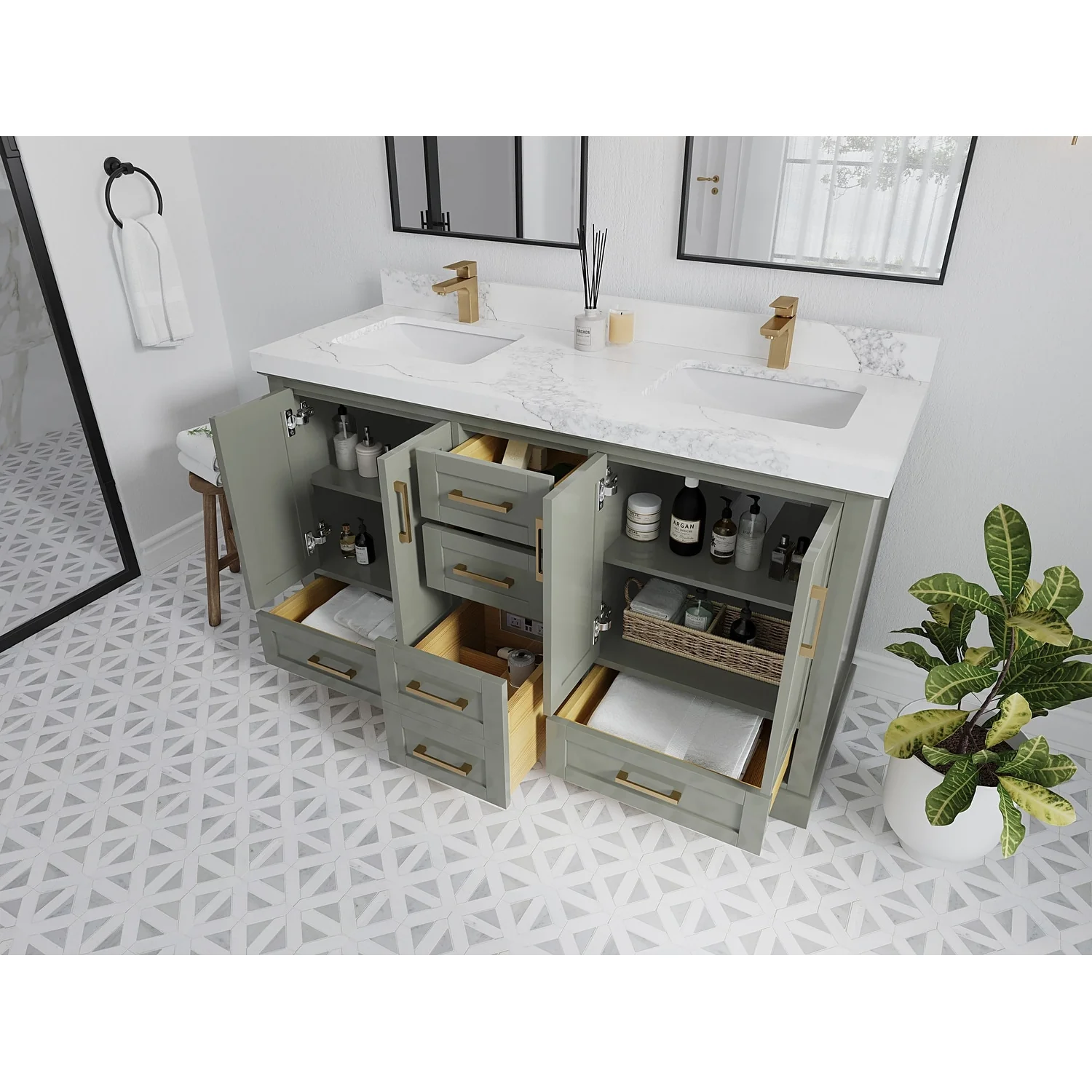 Willow Collection 60 in W x 22 in D x 36 in H Boston Double Bowl Sink Bathroom Vanity with Countertop