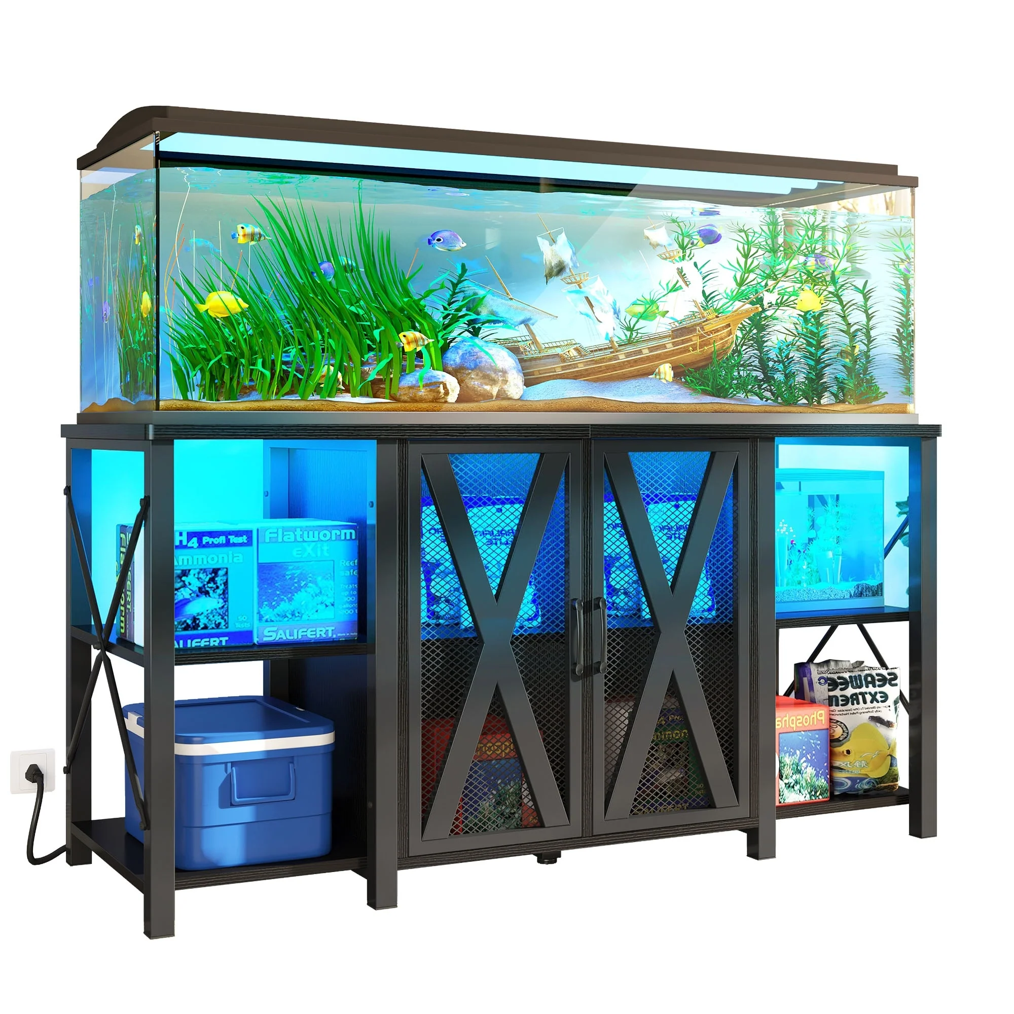 Moasis 75-120 Gallon Aquarium Stand with Power Outlet & LED Light,Heavy Duty Metal Fish Tank Stand