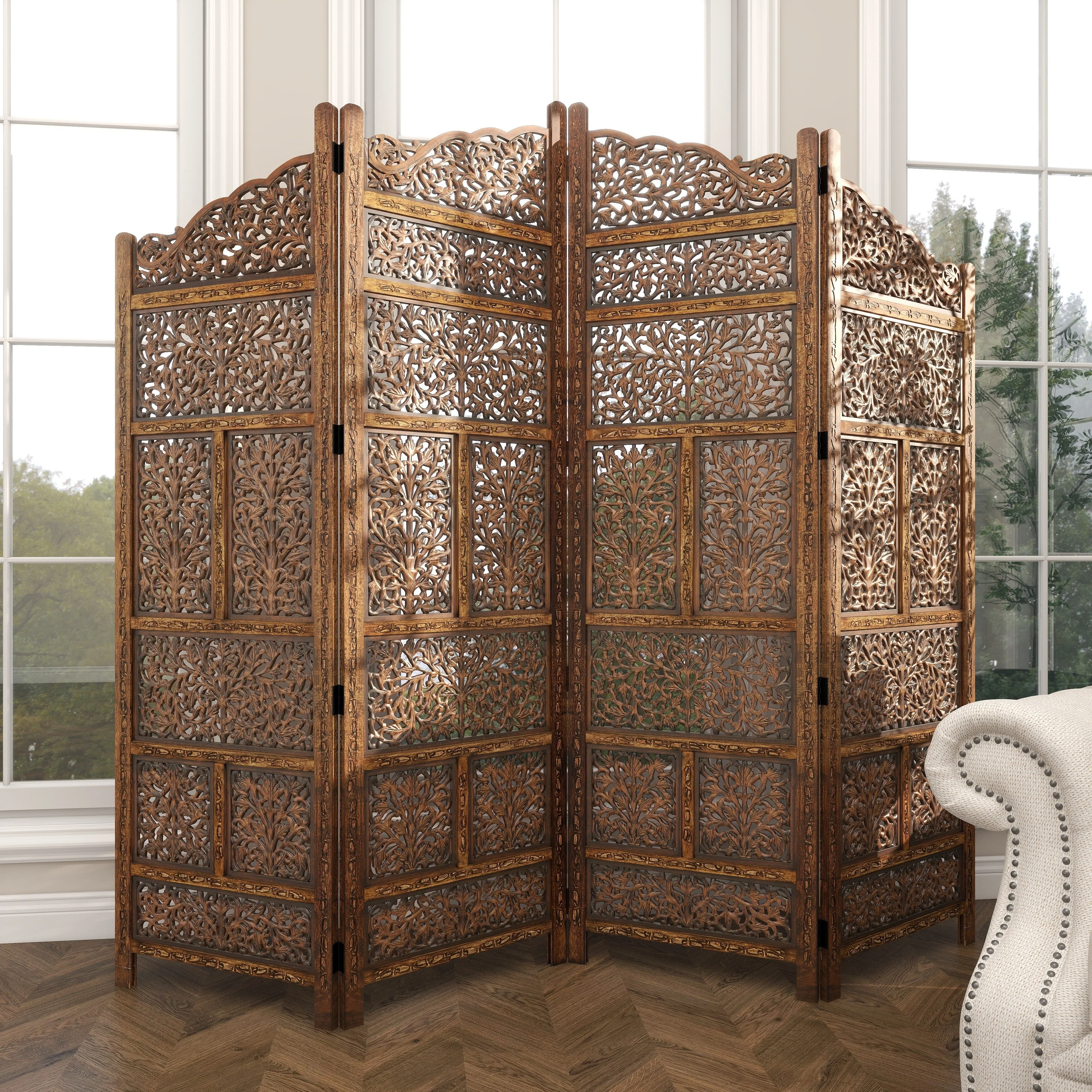 Hand Carved Fold-able 4-Panel Wooden Partition Screen/ Room Divider, Brown