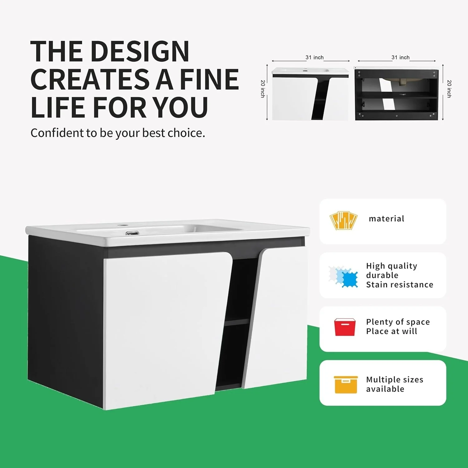 BNK 28/ 32/36/40 Inch Single Sink Bathroom Vanity with Soft Close Door, Modern Floating Vanity