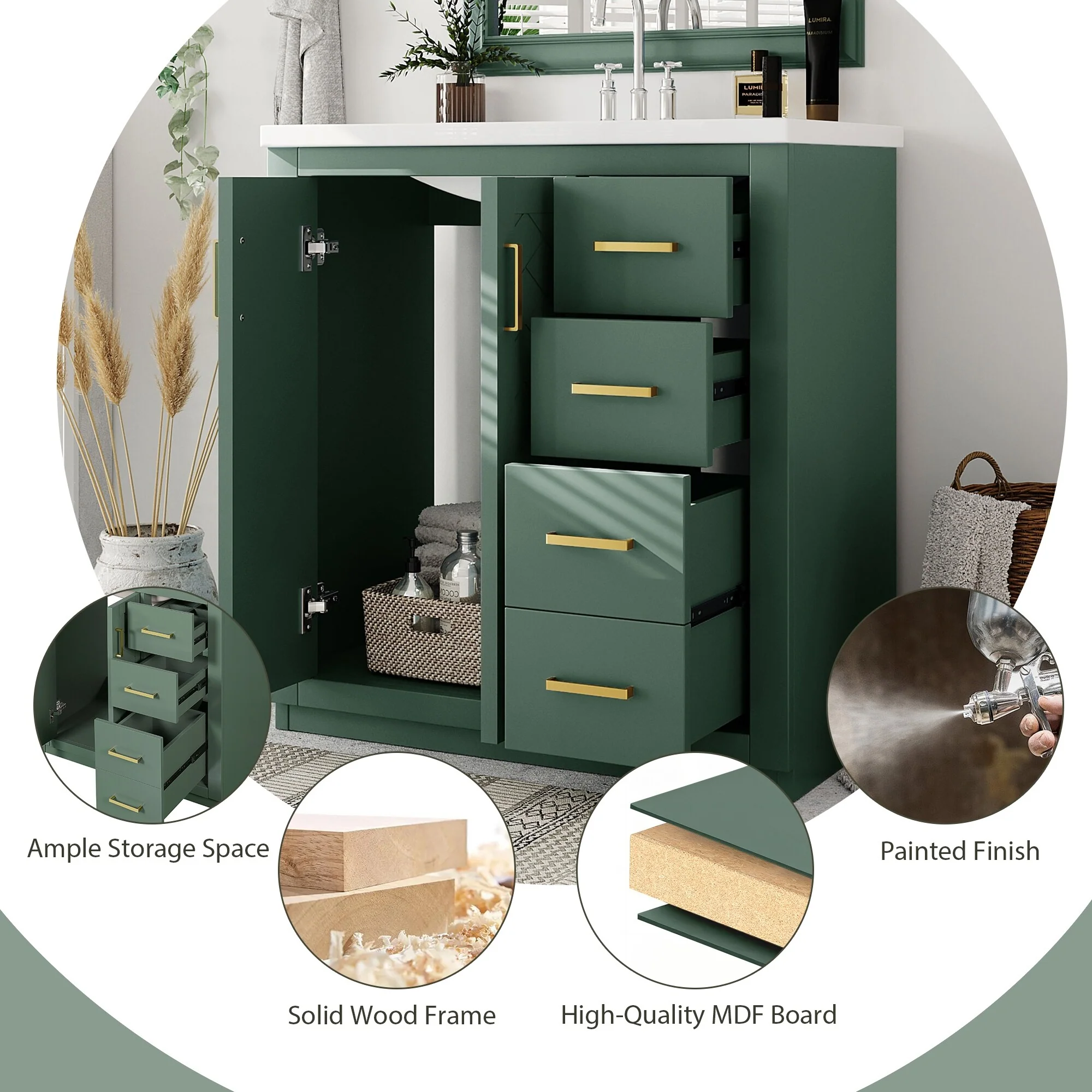 30'' Bathroom Vanity with Ceramic Sink Combo, Bathroom Storage Cabinet Vanity Set with 3 Drawers& Soft Closing Doors