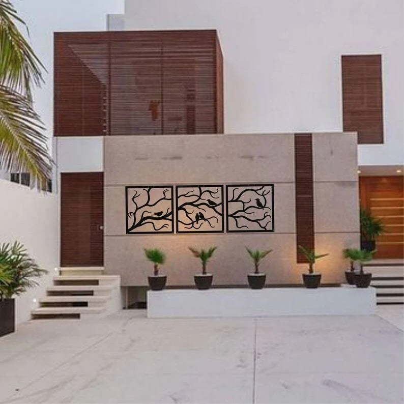 Birds on Branch 3 Panels Metal Wall Decor for Home and Outside - Wall-Mounted Geometric Wall Art Decor