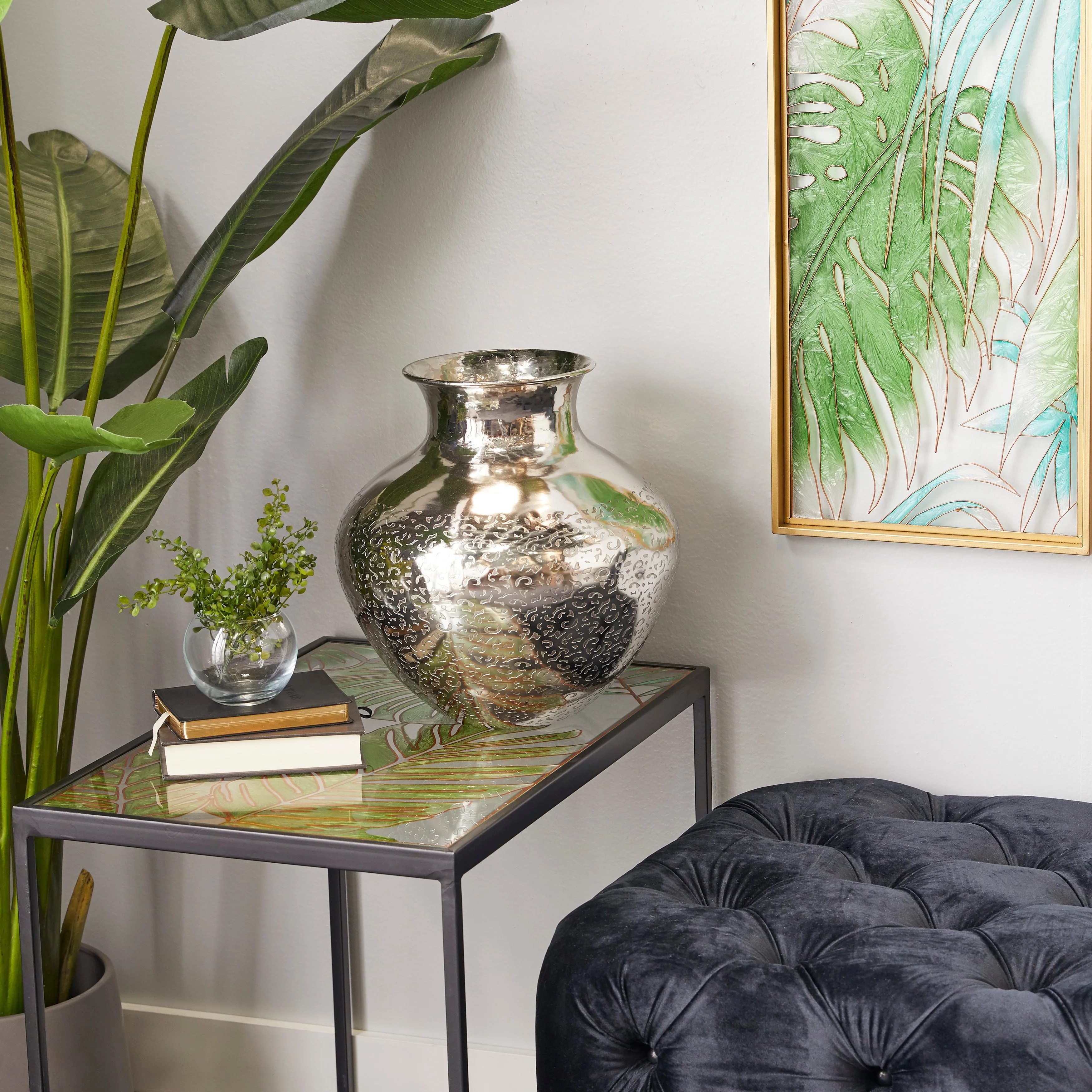 Silver Aluminum Metal Round Engraved Decorative Vase