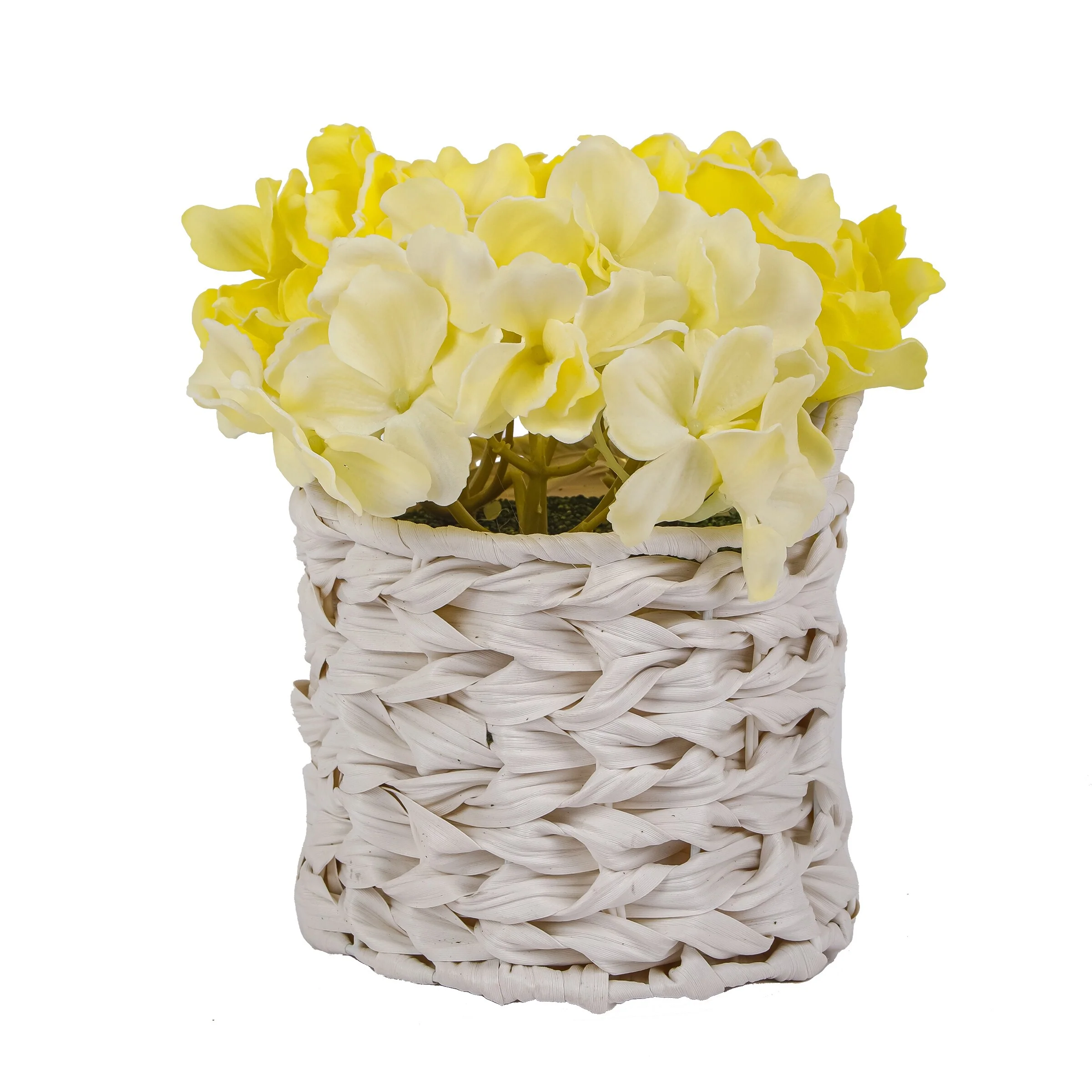 National Tree Company 10 in. Light Yellow Hydrangea Bouquet in White Basket - 10 in