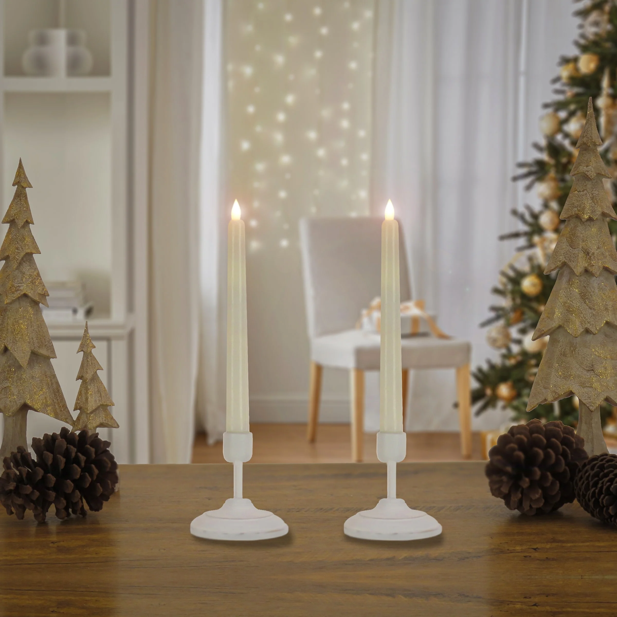 HGTV Home Collection Pre-Lit Set of 2 Heritage Flameless LED Window Candles with Remote, White, Battery Powered, 12 in - 12 in