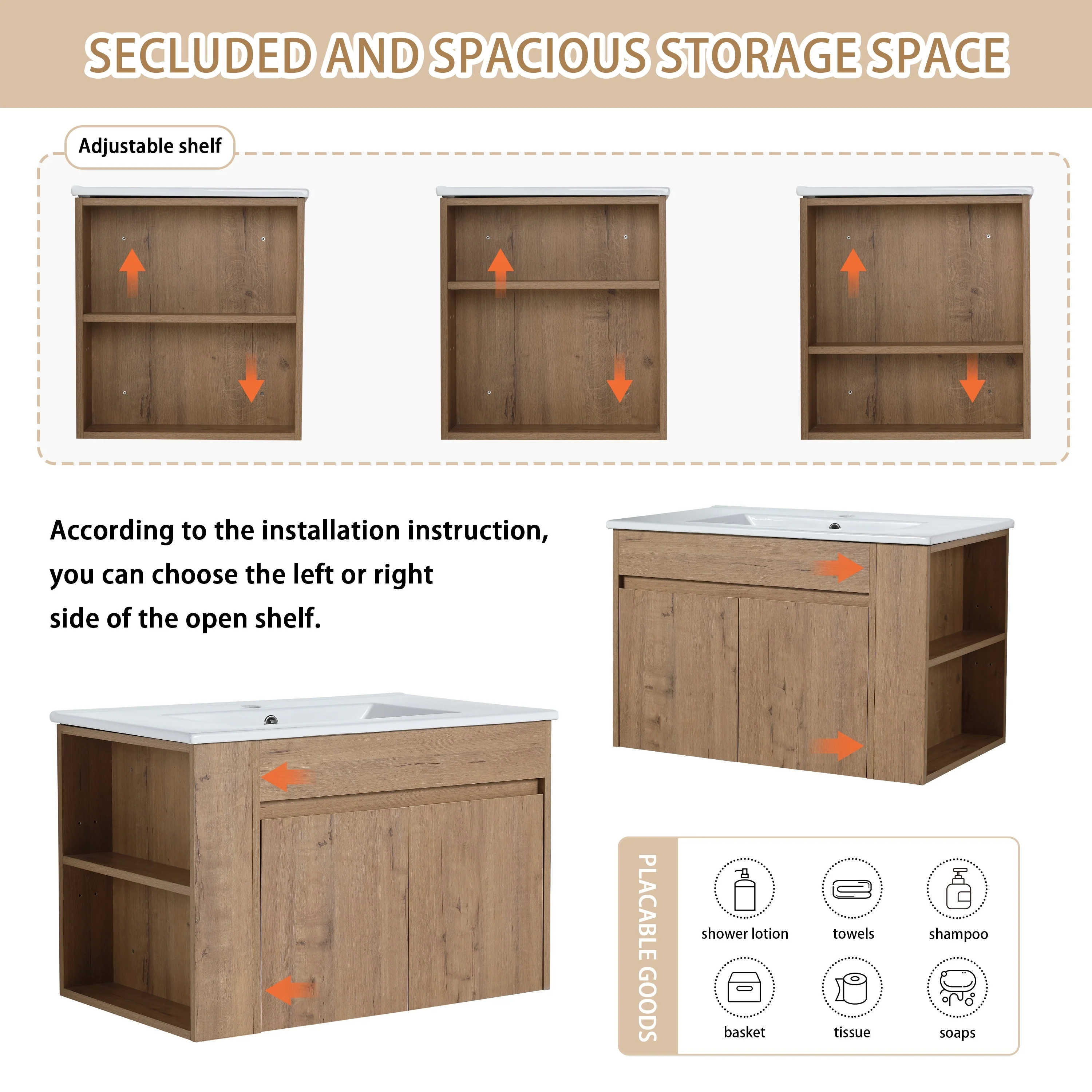 Beingnext 30 Inch Bathroom Vanity with Sink, Single Sink Floating Bathroom Vanity with Soft Close Door and Shelf