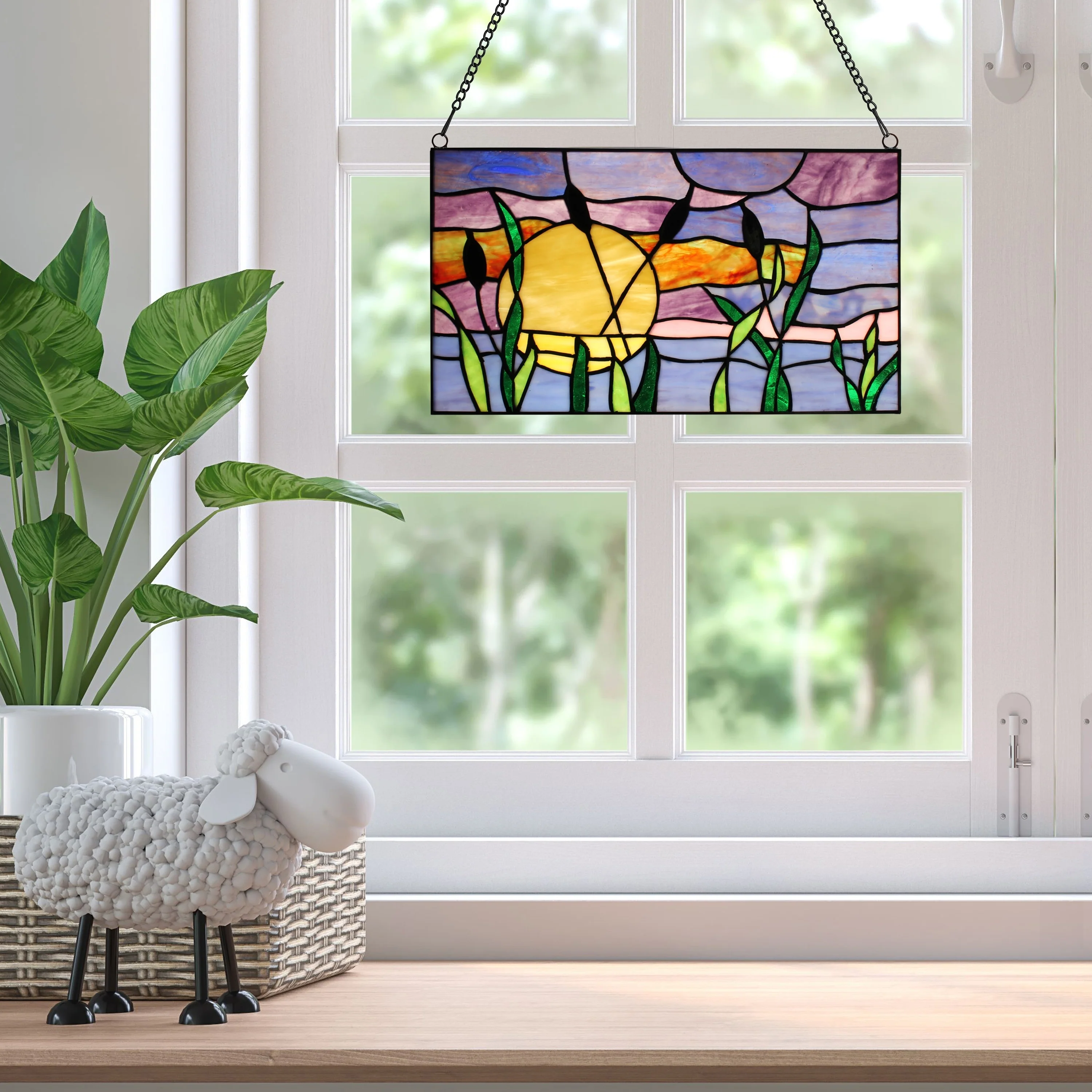 River of Goods Cattails Sunset River of Goods Multicolored Stained Glass Window Panel - 14
