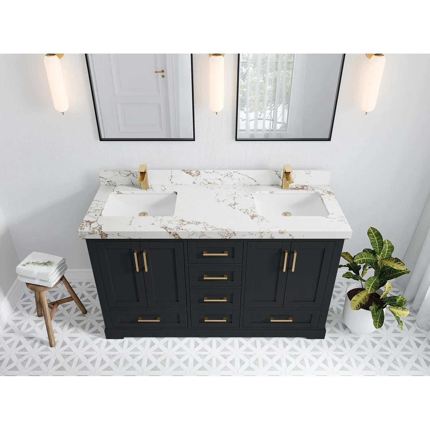 Willow Collection 60 in W x 22 in D x 36 in H Boston Double Bowl Sink Bathroom Vanity with Countertop