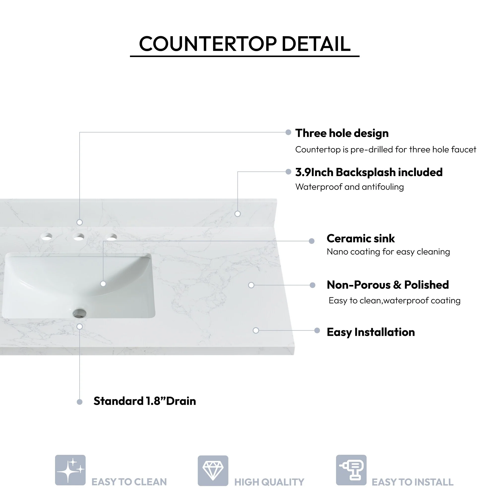 Jaen Composite Stone Vanity Top with White Rectangular Sink