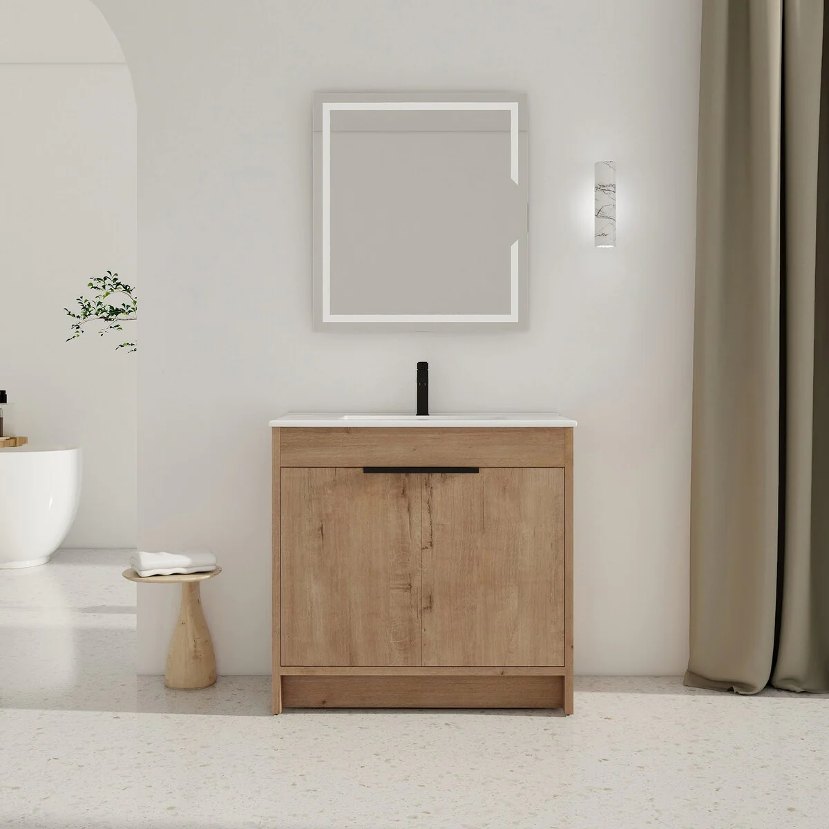 36 Inch Plywood Freestanding Bathroom Vanity Set with Integrated Ceramic Basin and Doors