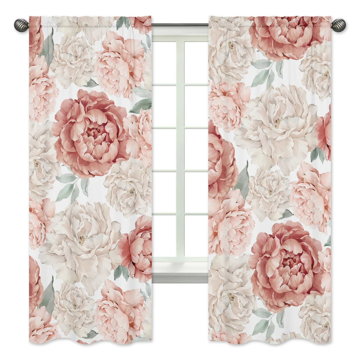 Boho Shabby Chic Floral Girl Window Treatment Curtain Panel Ivory Bohemian Vintage Garden Watercolor Flower Nature Elegant Rose