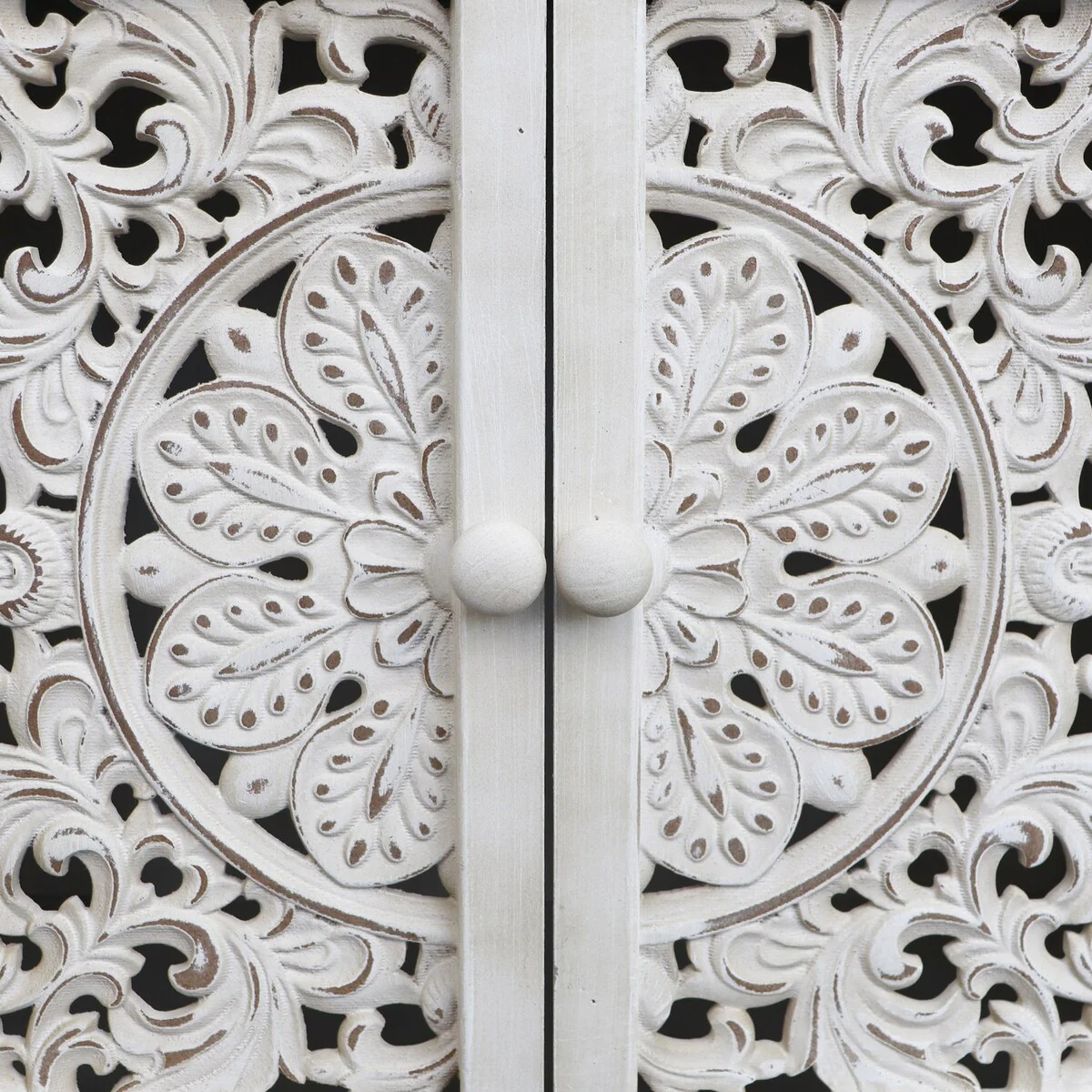 Rustic Hollow-Carved Wood Storage Cabinet with 1 Drawer and 2 Doors, Antique White, 31