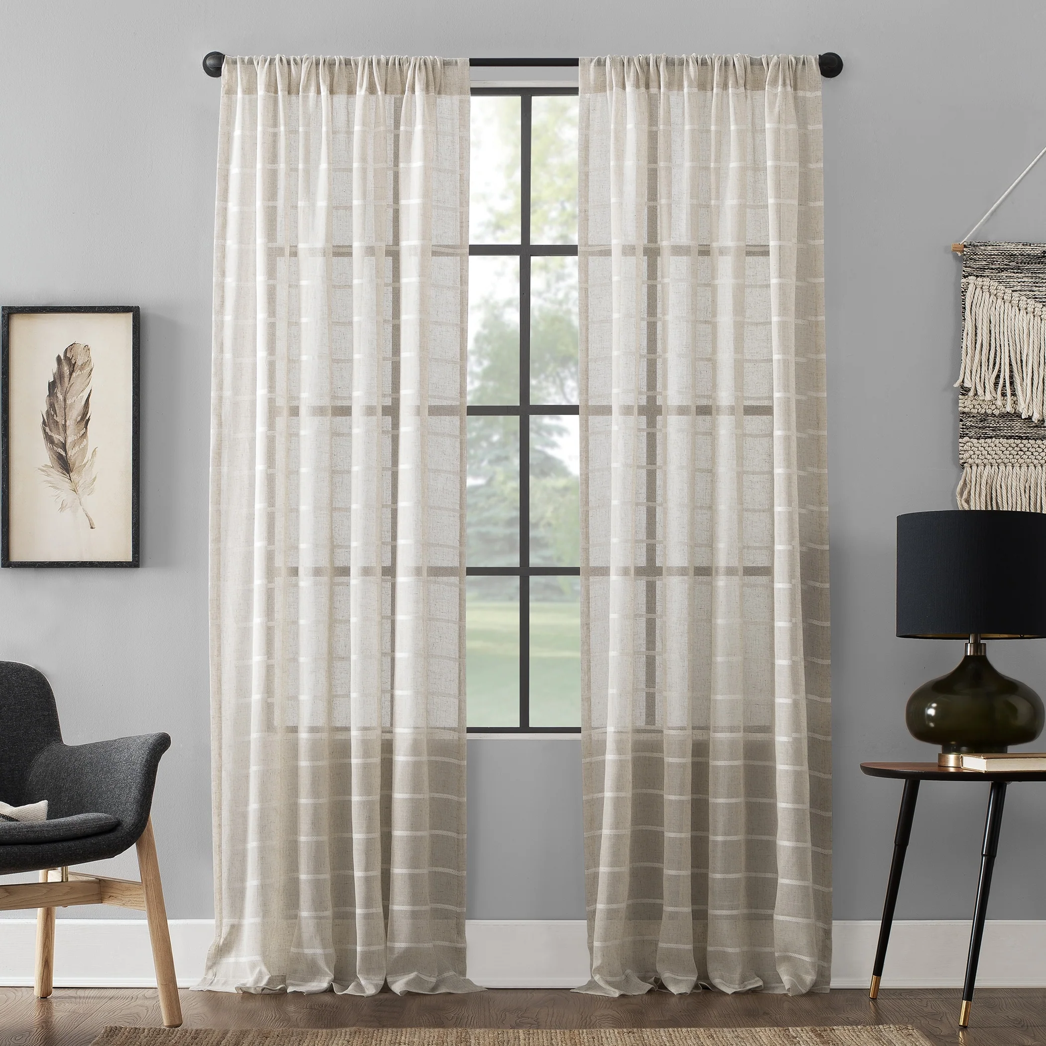 Clean Window Twill Stripe Anti-Dust Linen Blend Sheer Curtain Panel, Single Panel