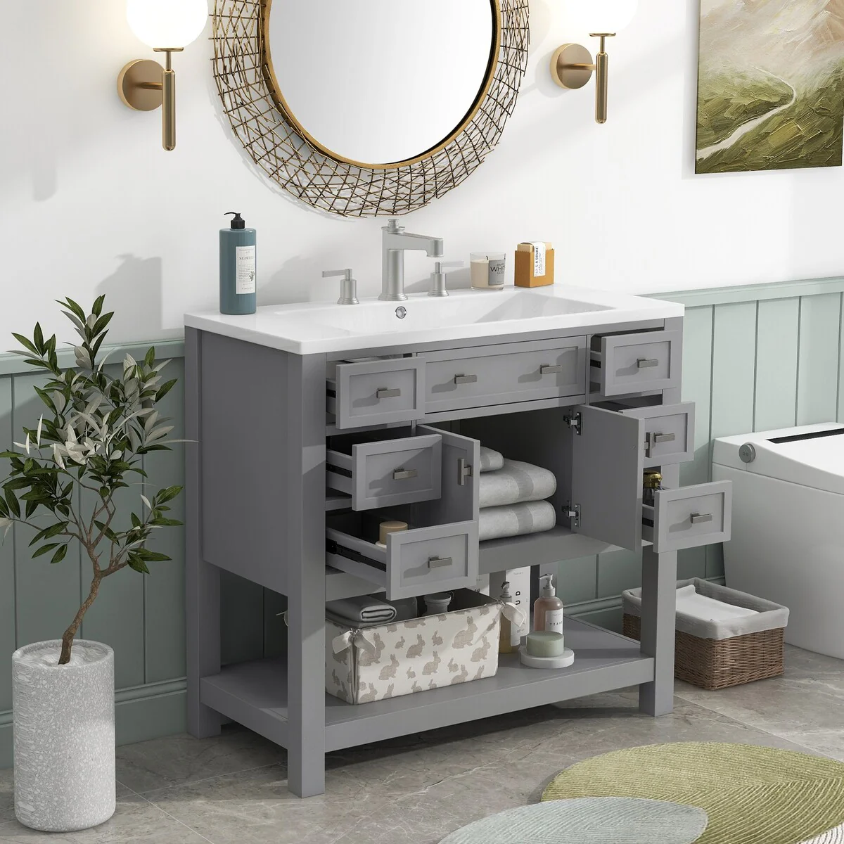 36'' Bathroom Vanity Modern Bathroom Storage Cabinet with 6 Drawers