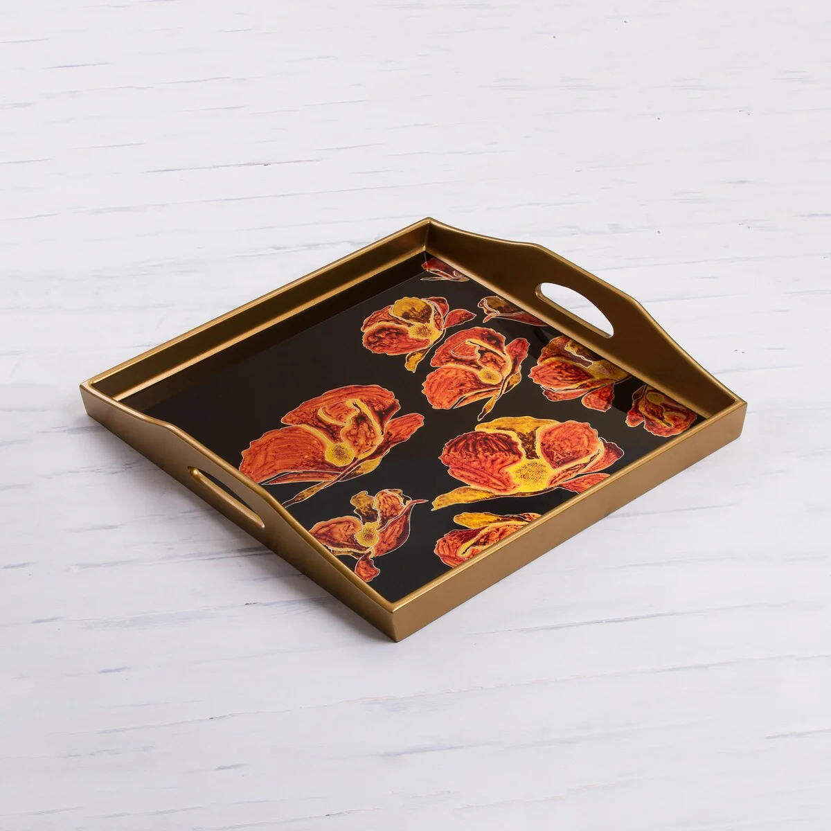 Novica Handmade Gleaming Poppies On Black Reverse Painted Glass Tray