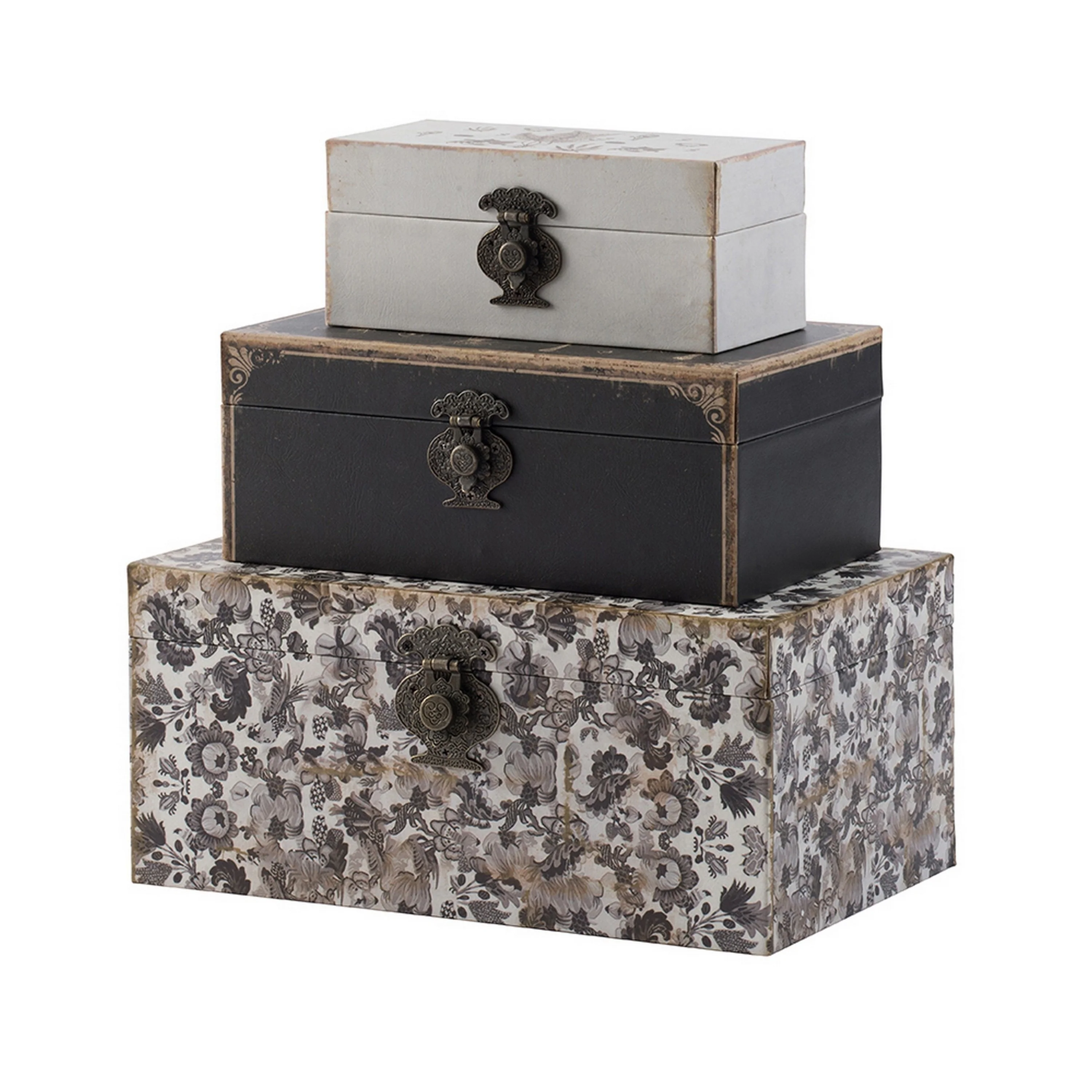 Leo Set of 3 Storage Boxes, Vegan Leather Lining, Ornate Printed Designs